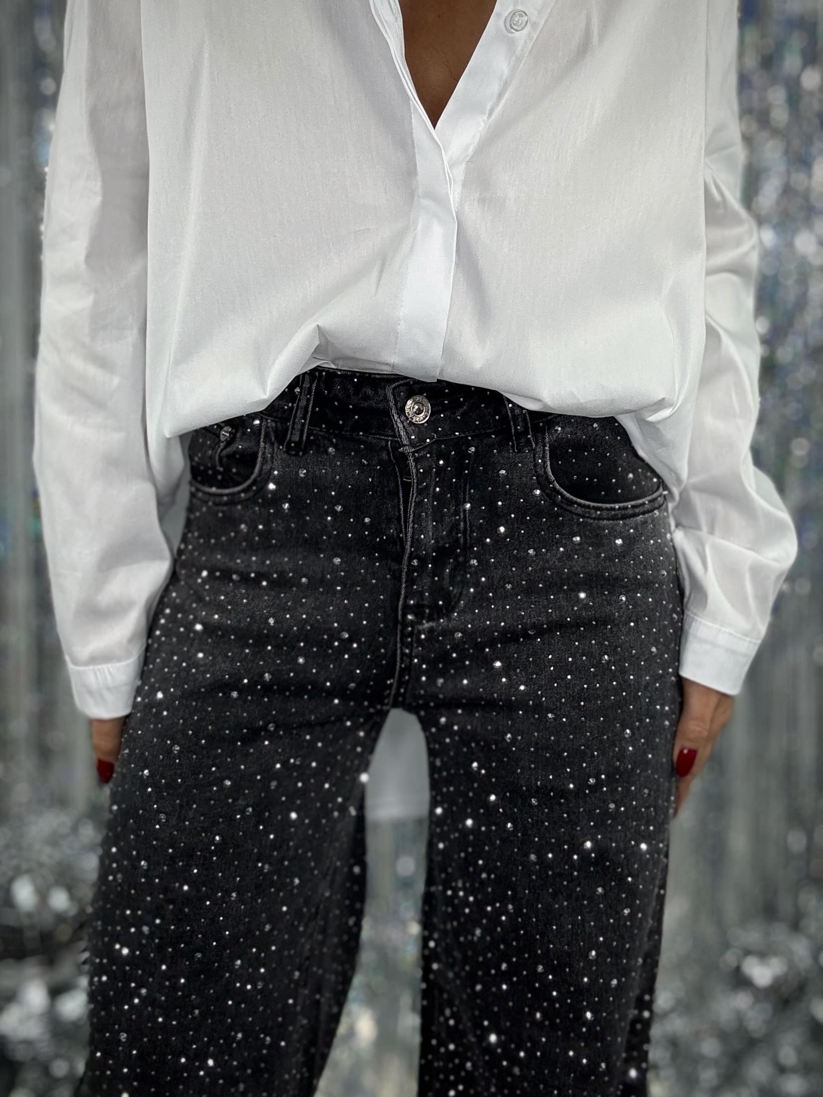 Jeans Wide Medium Waist Strass - Grigio