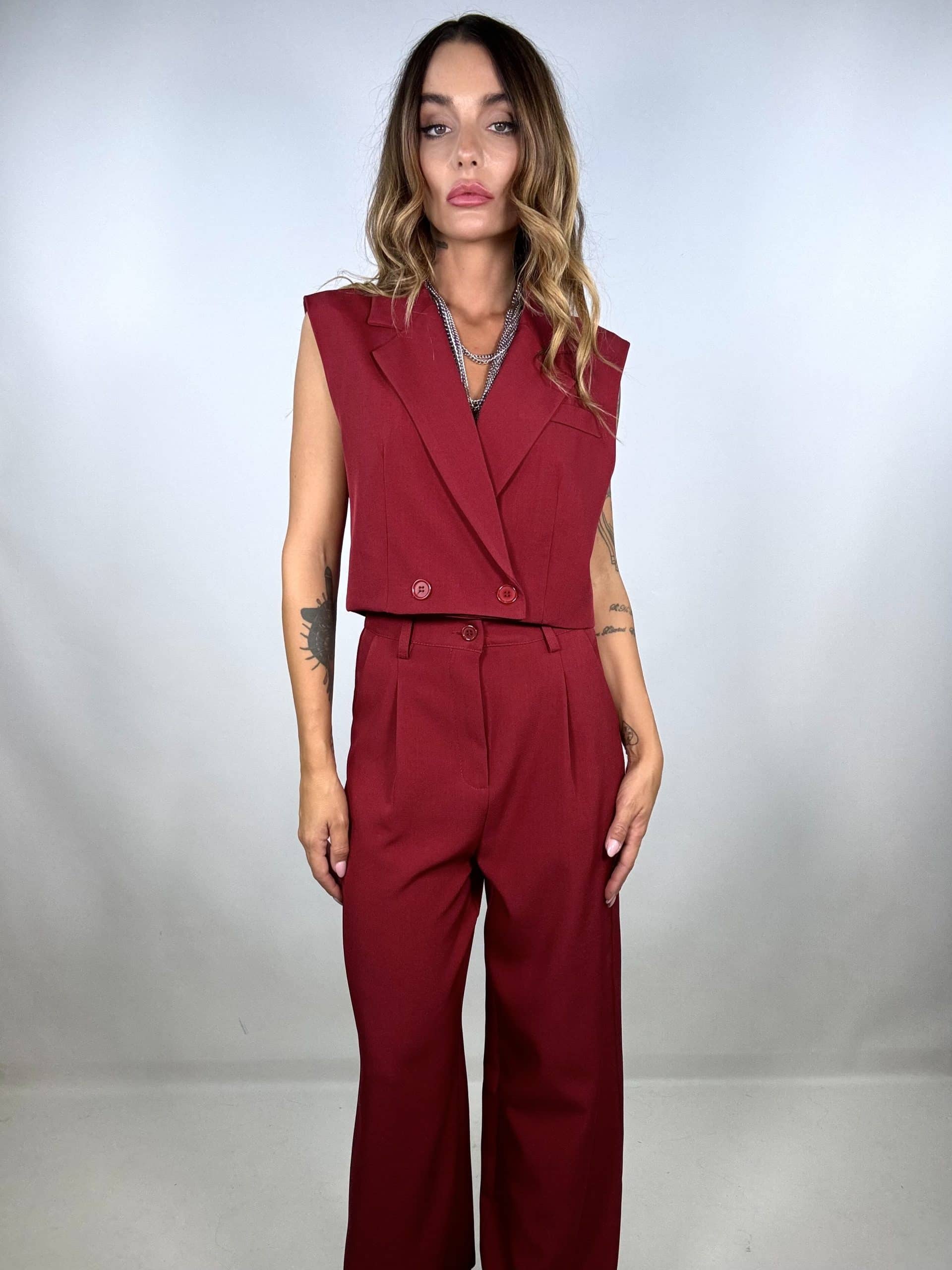 Completo Gilet Crop e Pantaloni Wide - Cherry Red