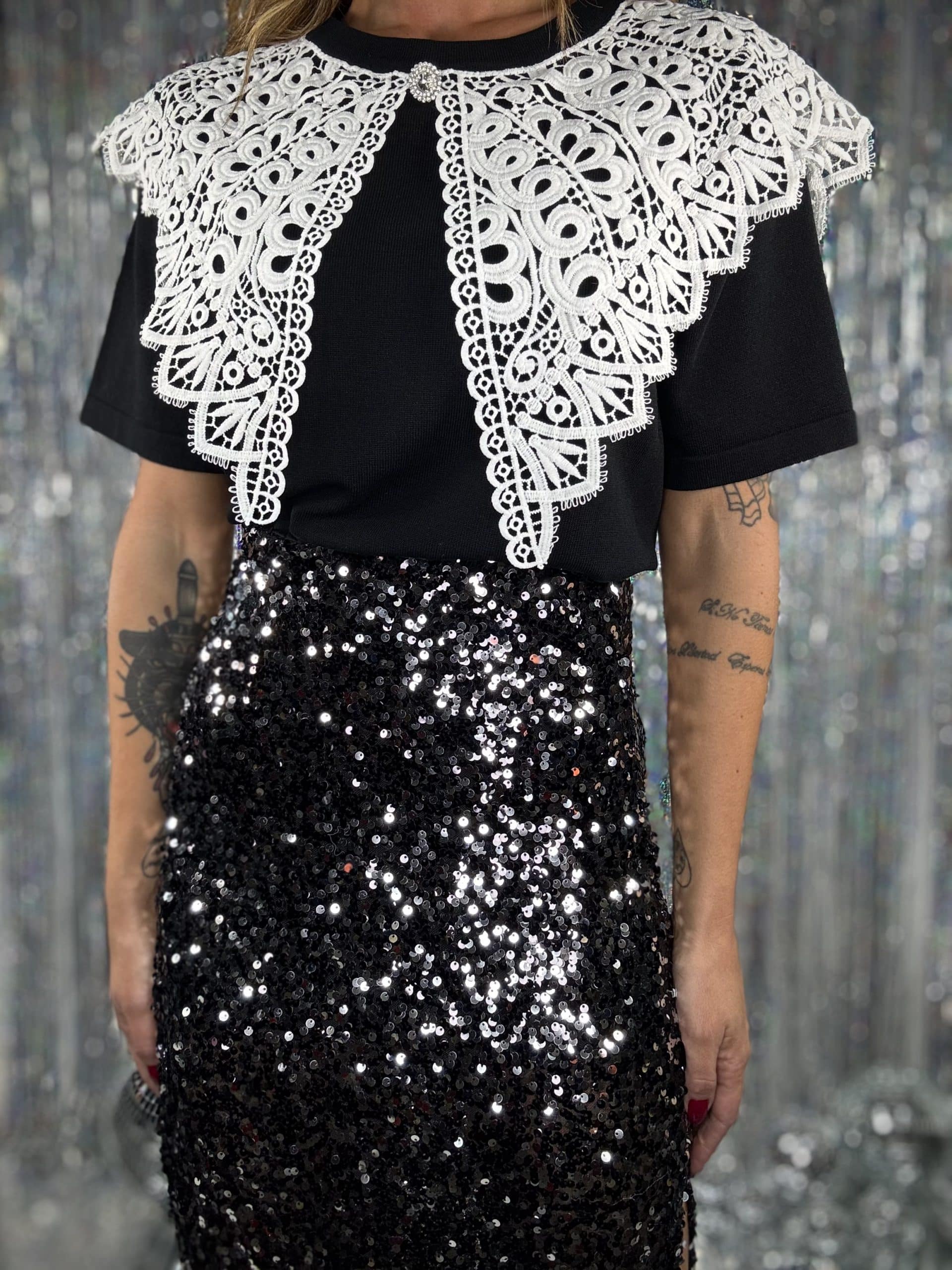 Gonna Midi Paillettes - Argento / Nero