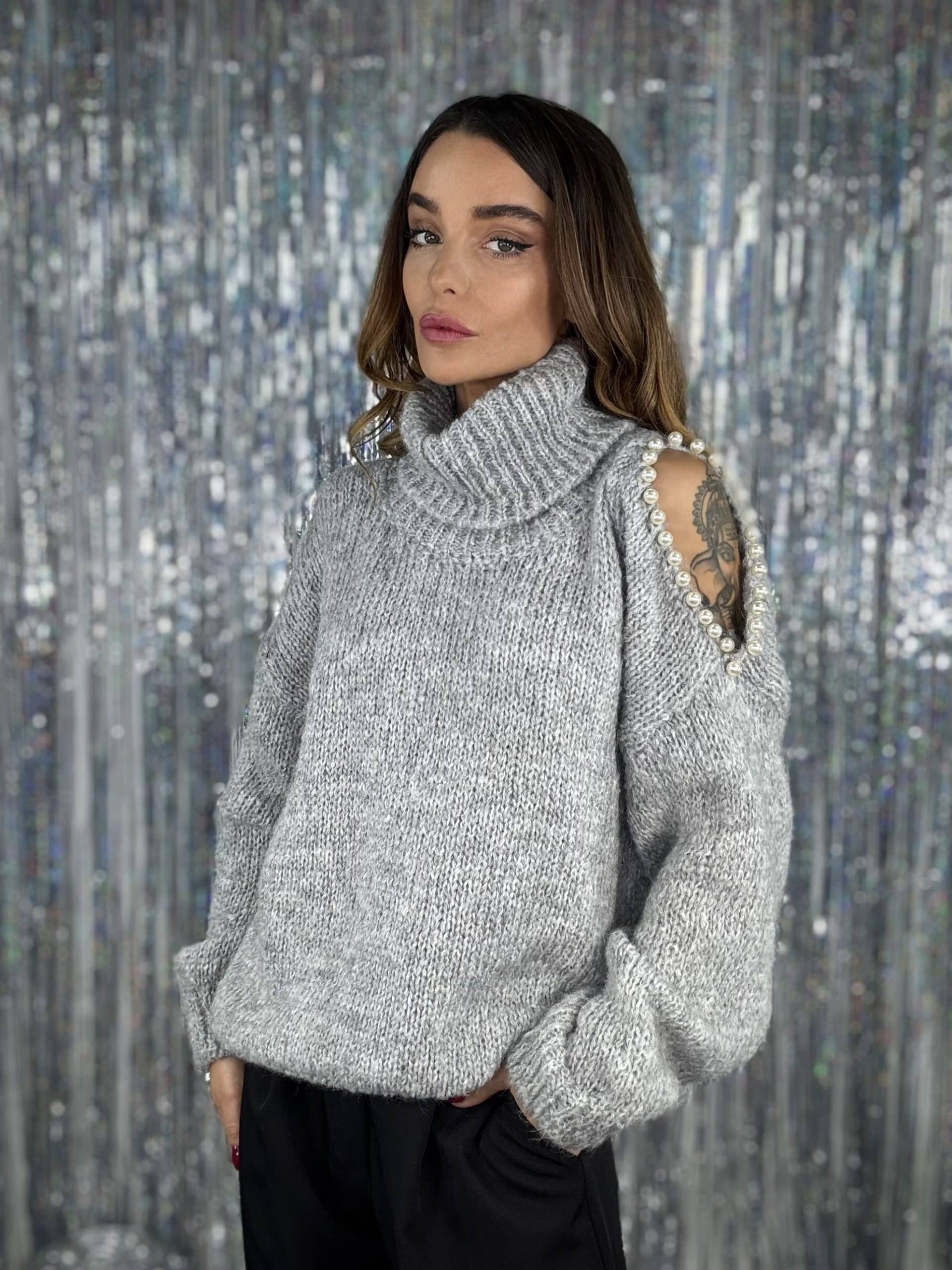 Maglione Cut Out e Perle - Grigio