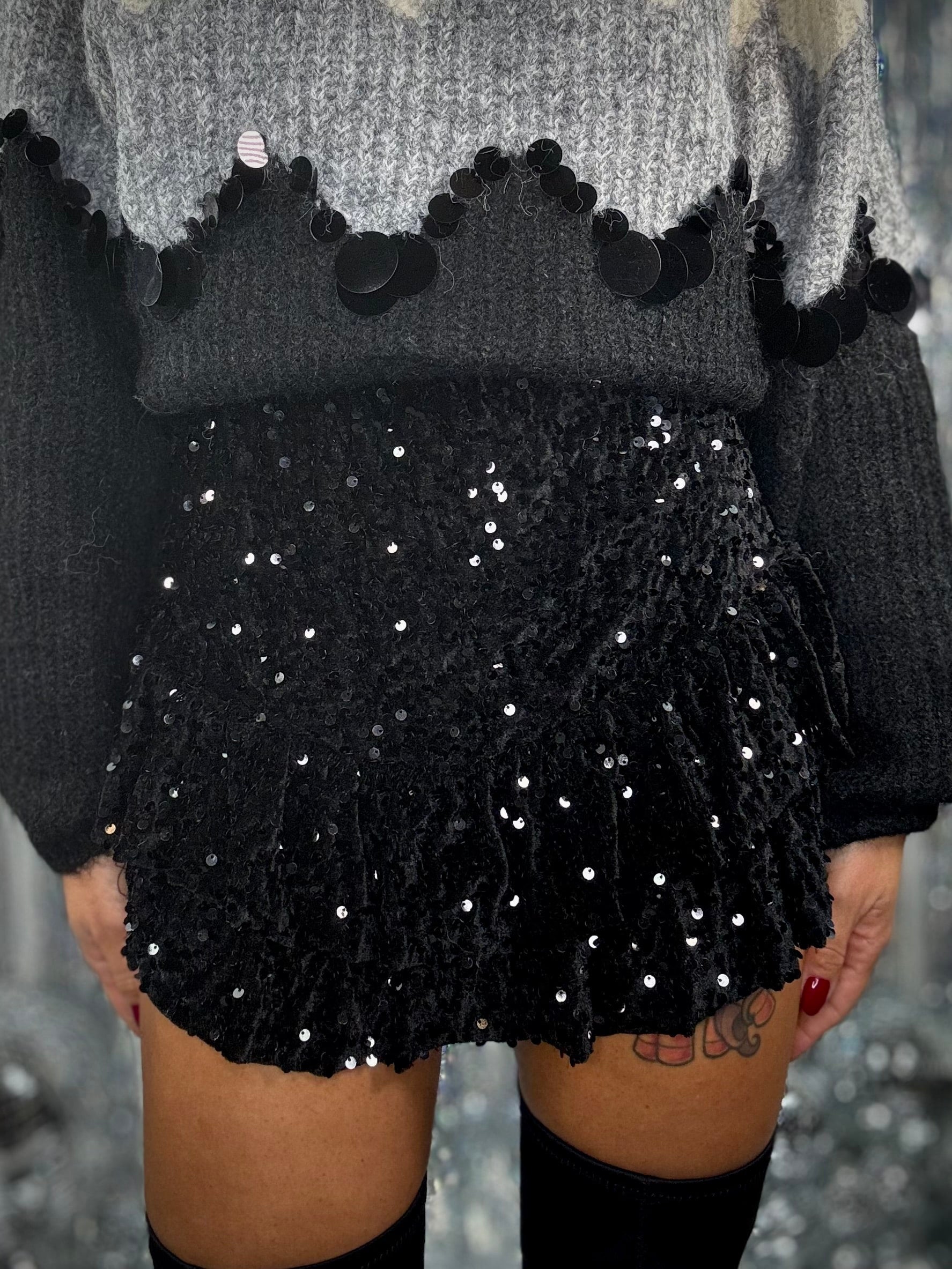 Mini Gonna Volant Paillettes - Nero