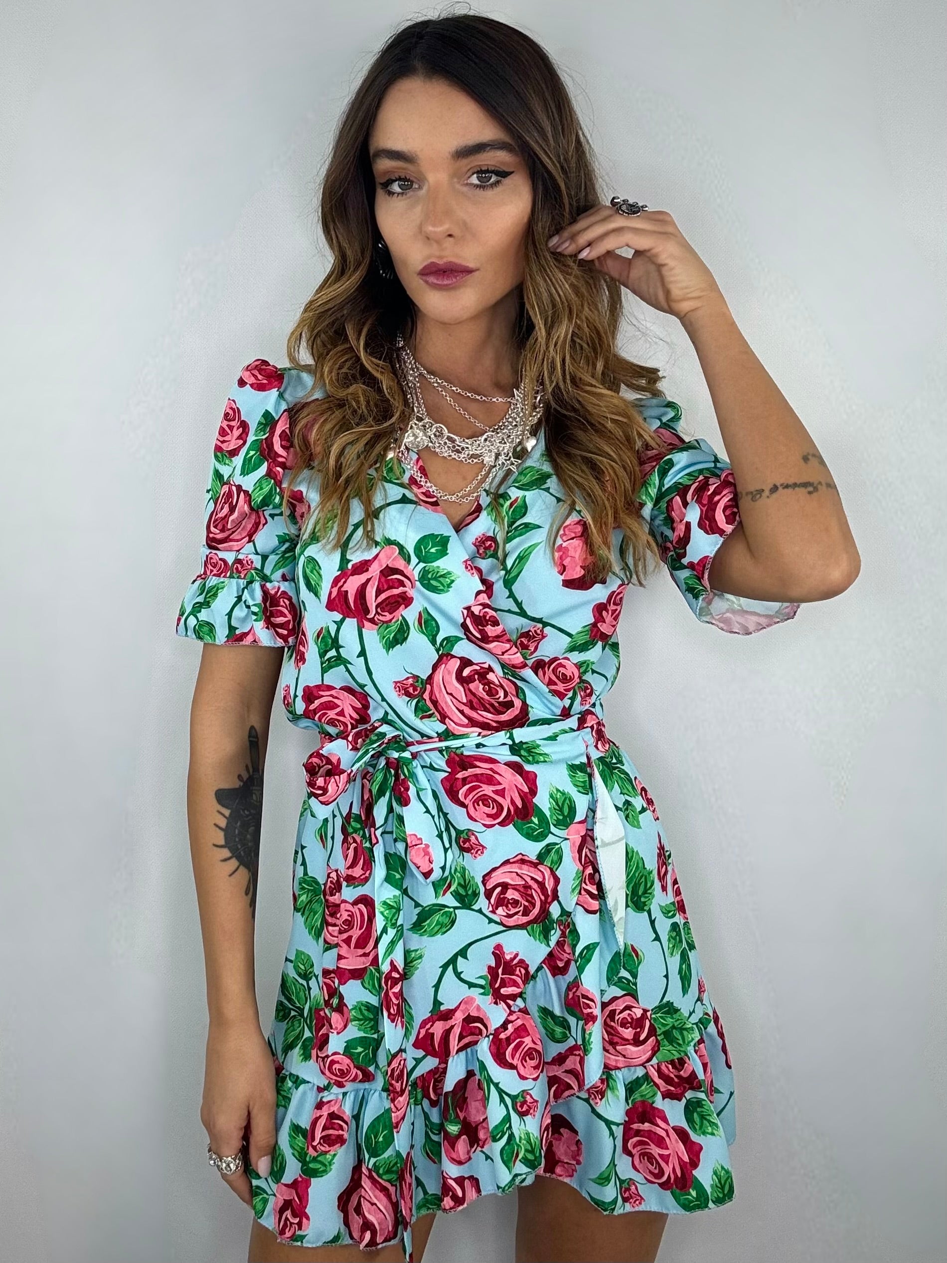 Mini Dress Flowers - Celeste / Rosa