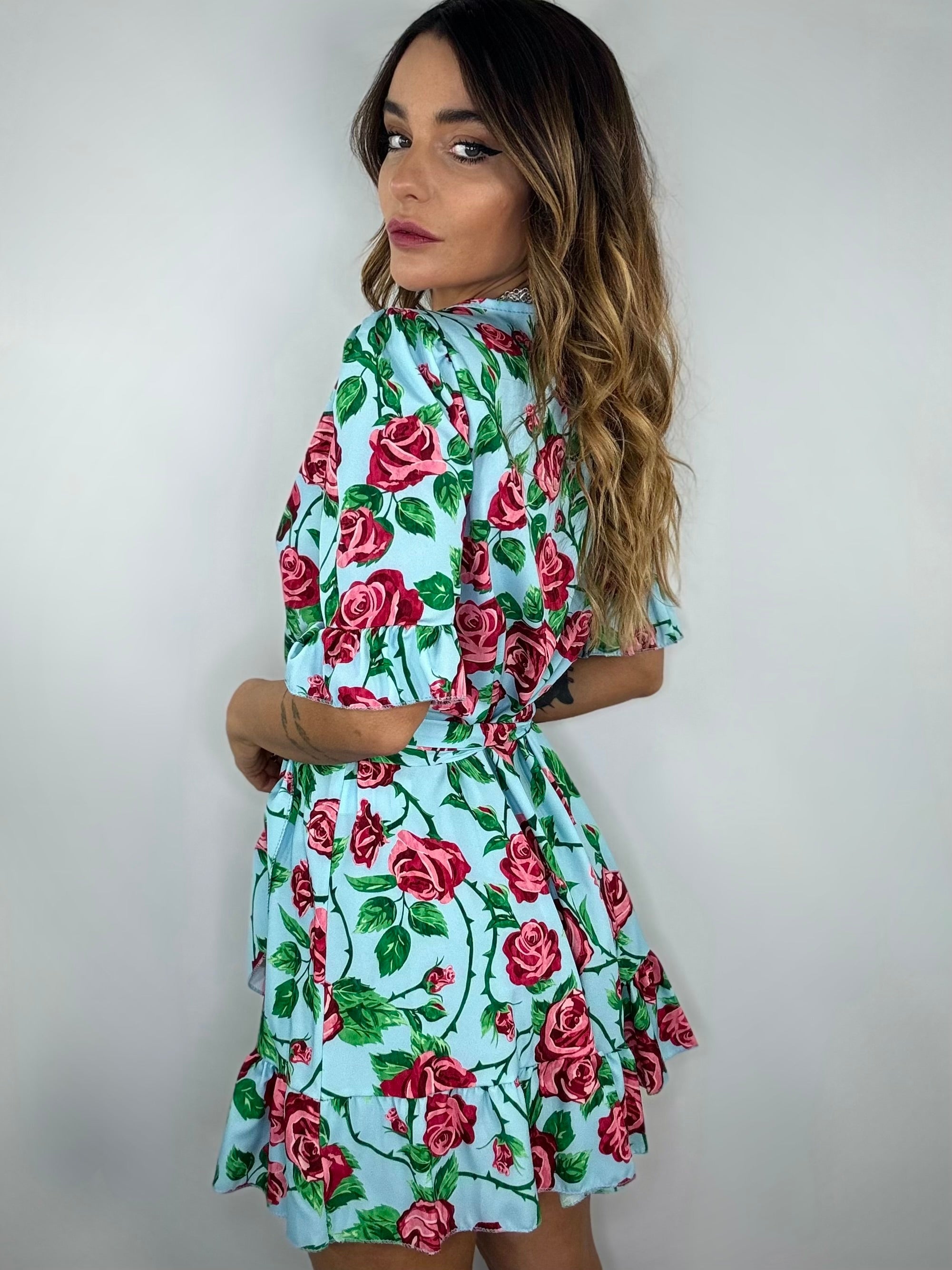 Mini Dress Flowers - Celeste / Rosa