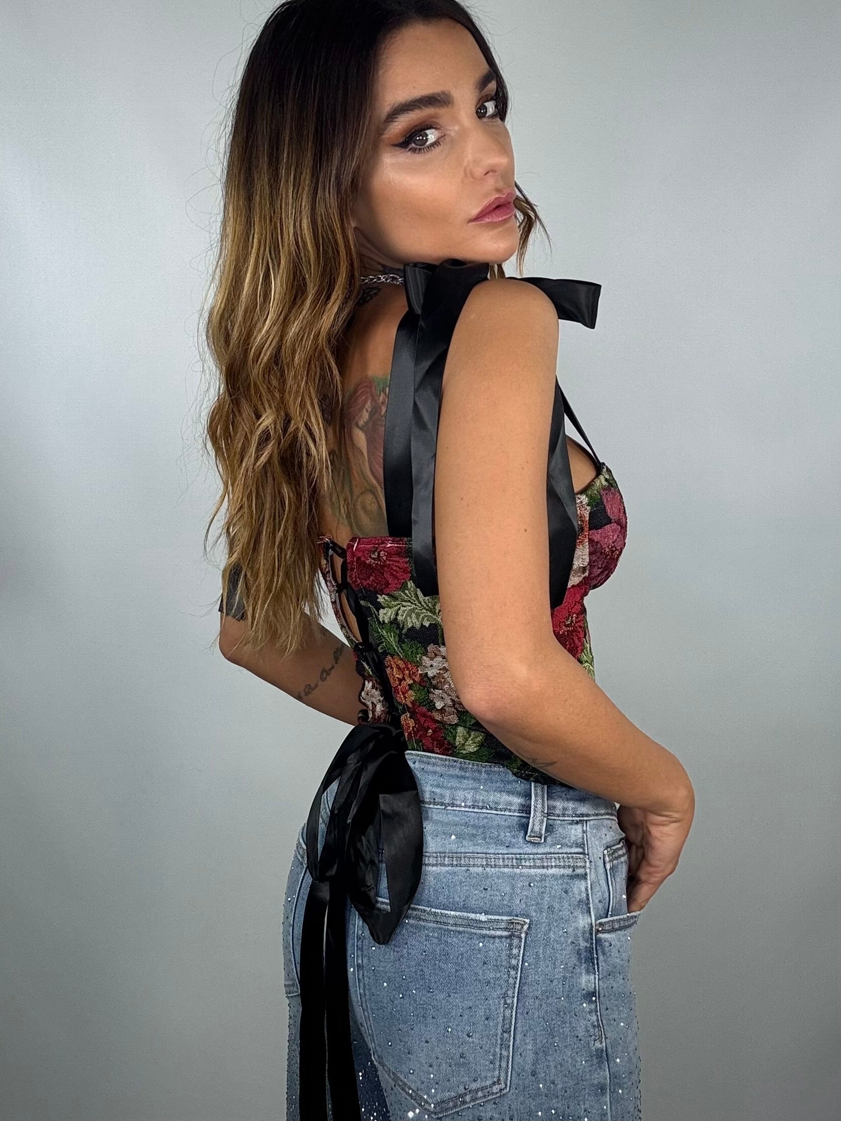 Corsetto Rose Retro con Lacci - Nero