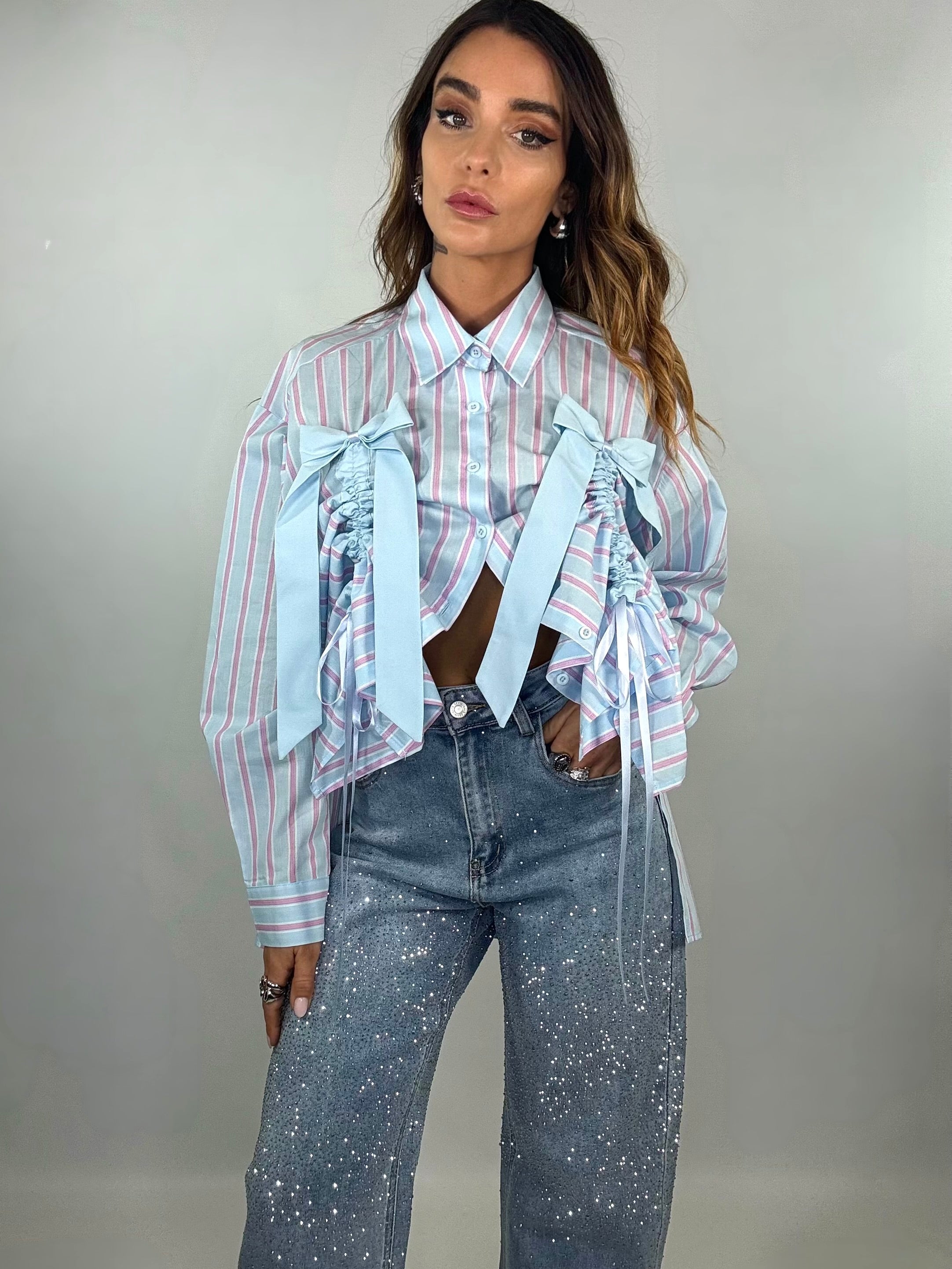 Camicia Con Fiocchi - Righe Celeste / Rosa