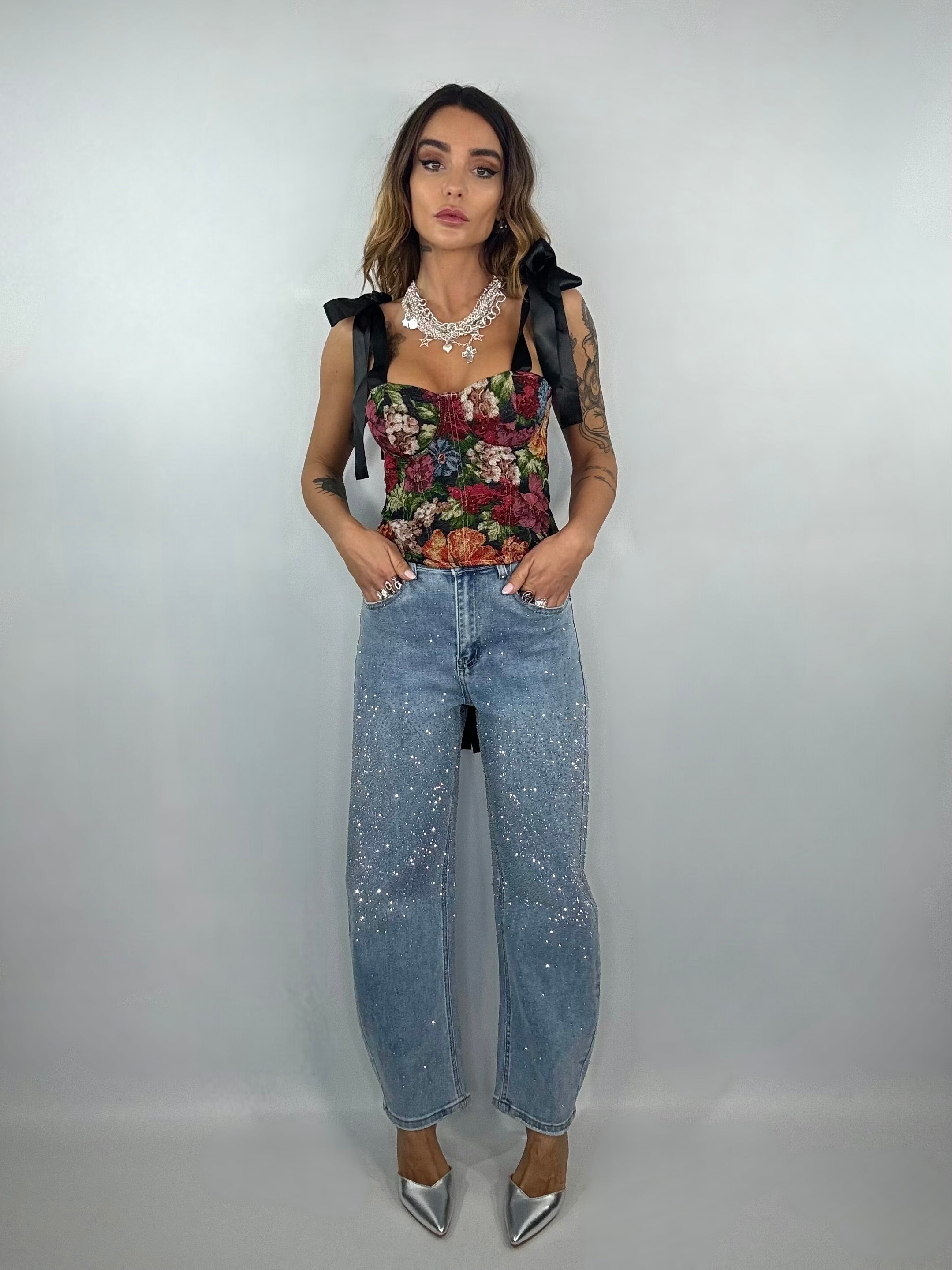 Corsetto Rose Retro con Lacci - Nero