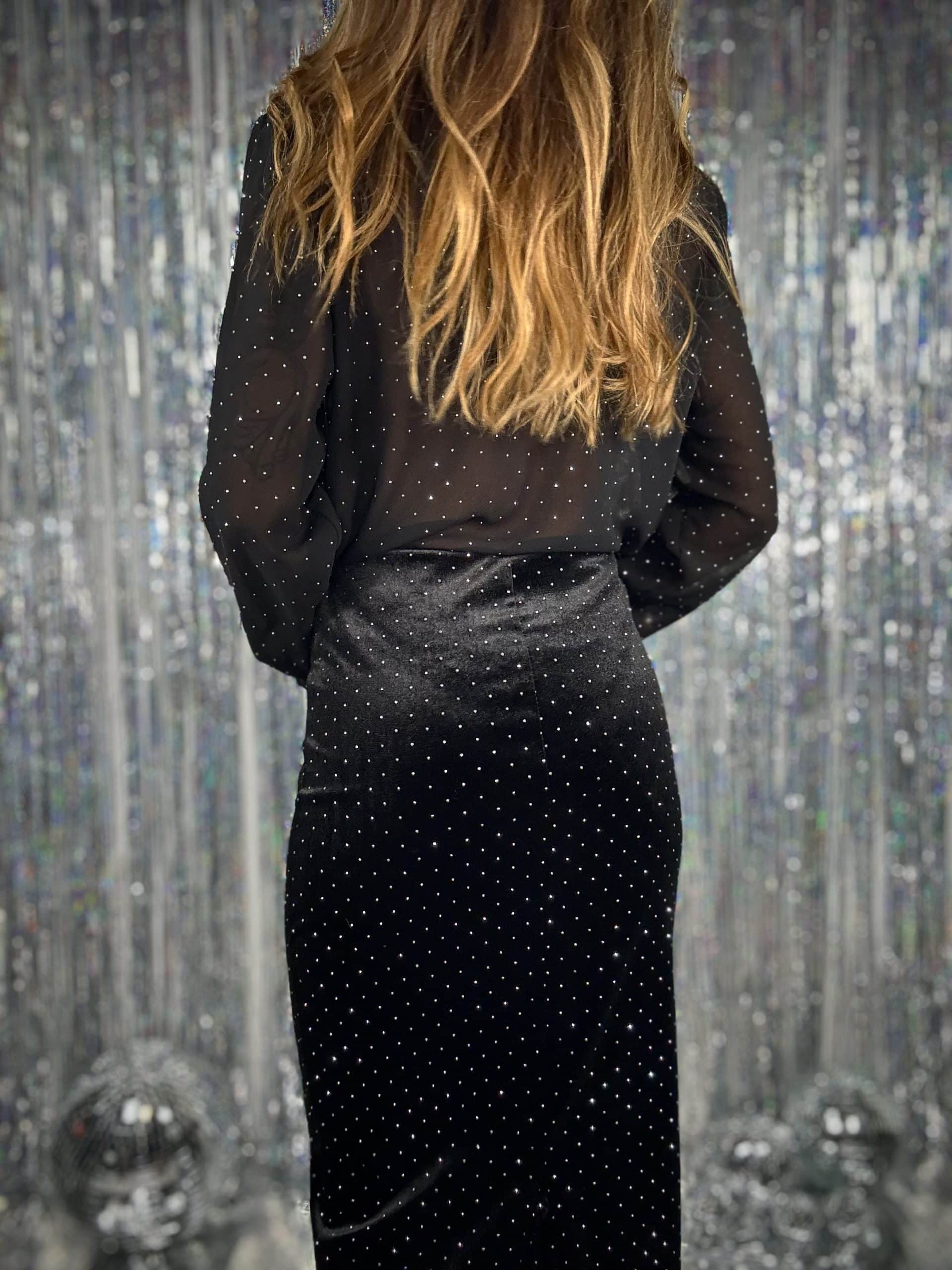 Gonna Midi Velluto Strass- Nero