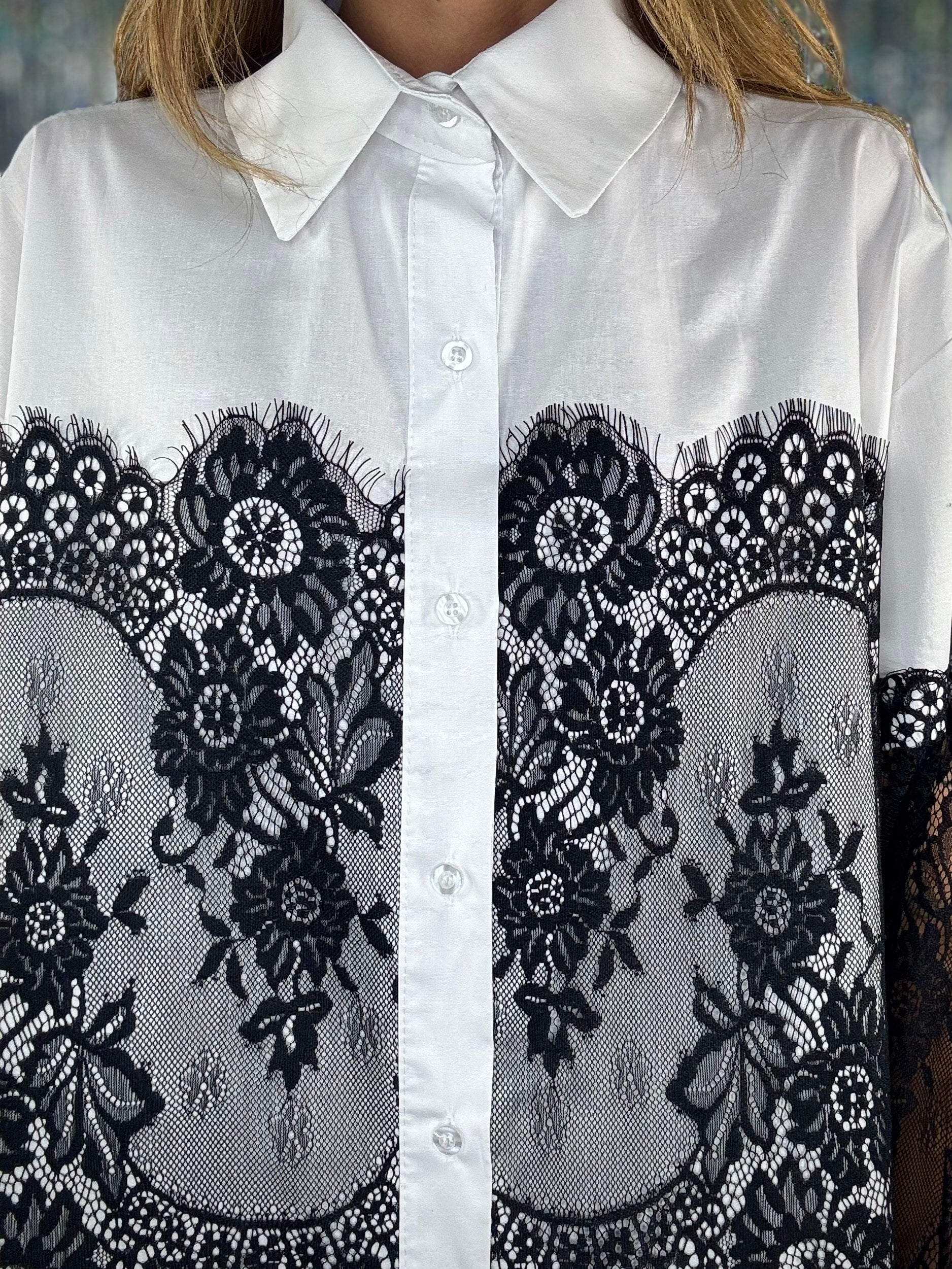 Maxi Camicia Inserti in Pizzo - Bianco