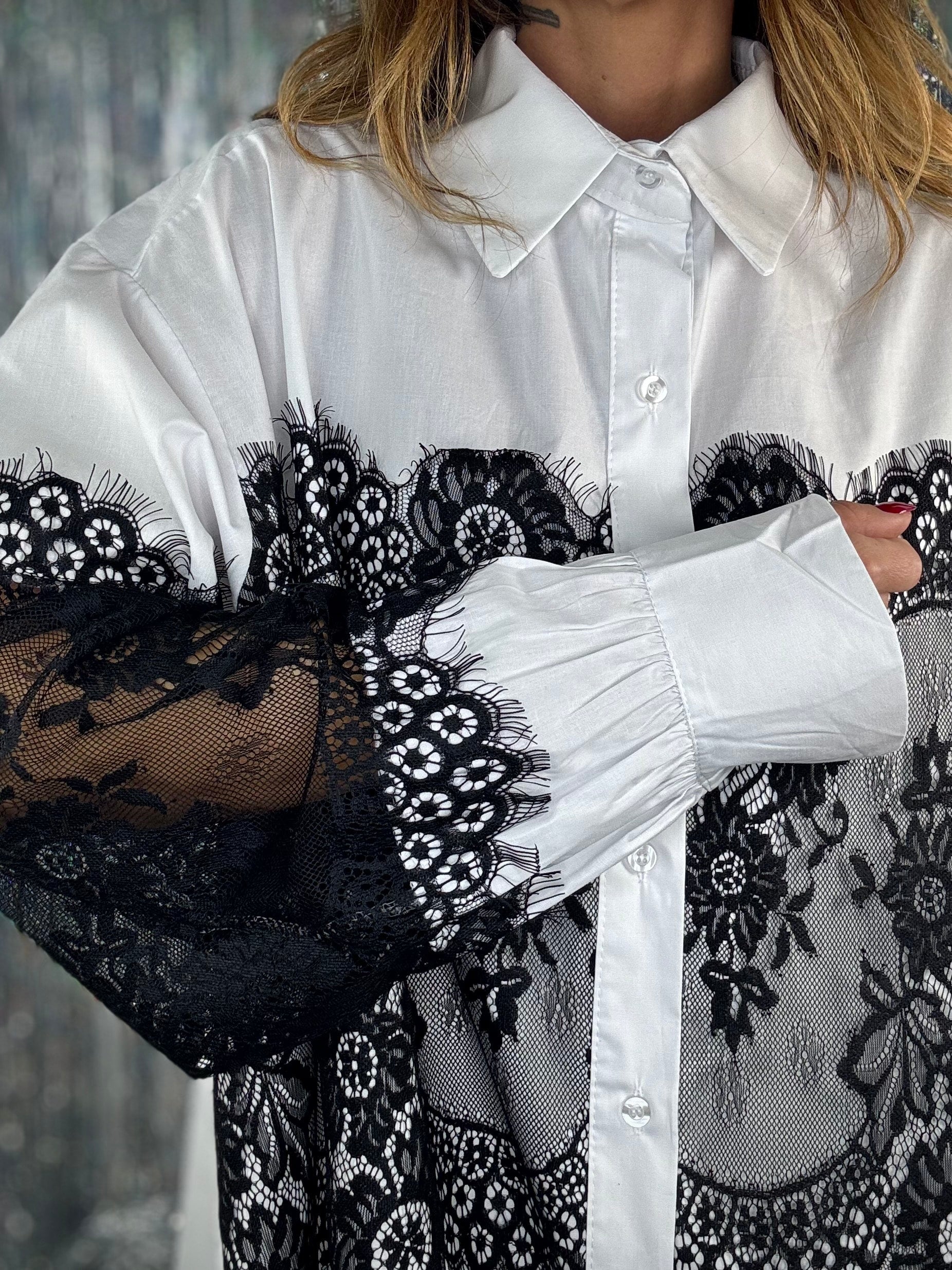 Maxi Camicia Inserti in Pizzo - Bianco