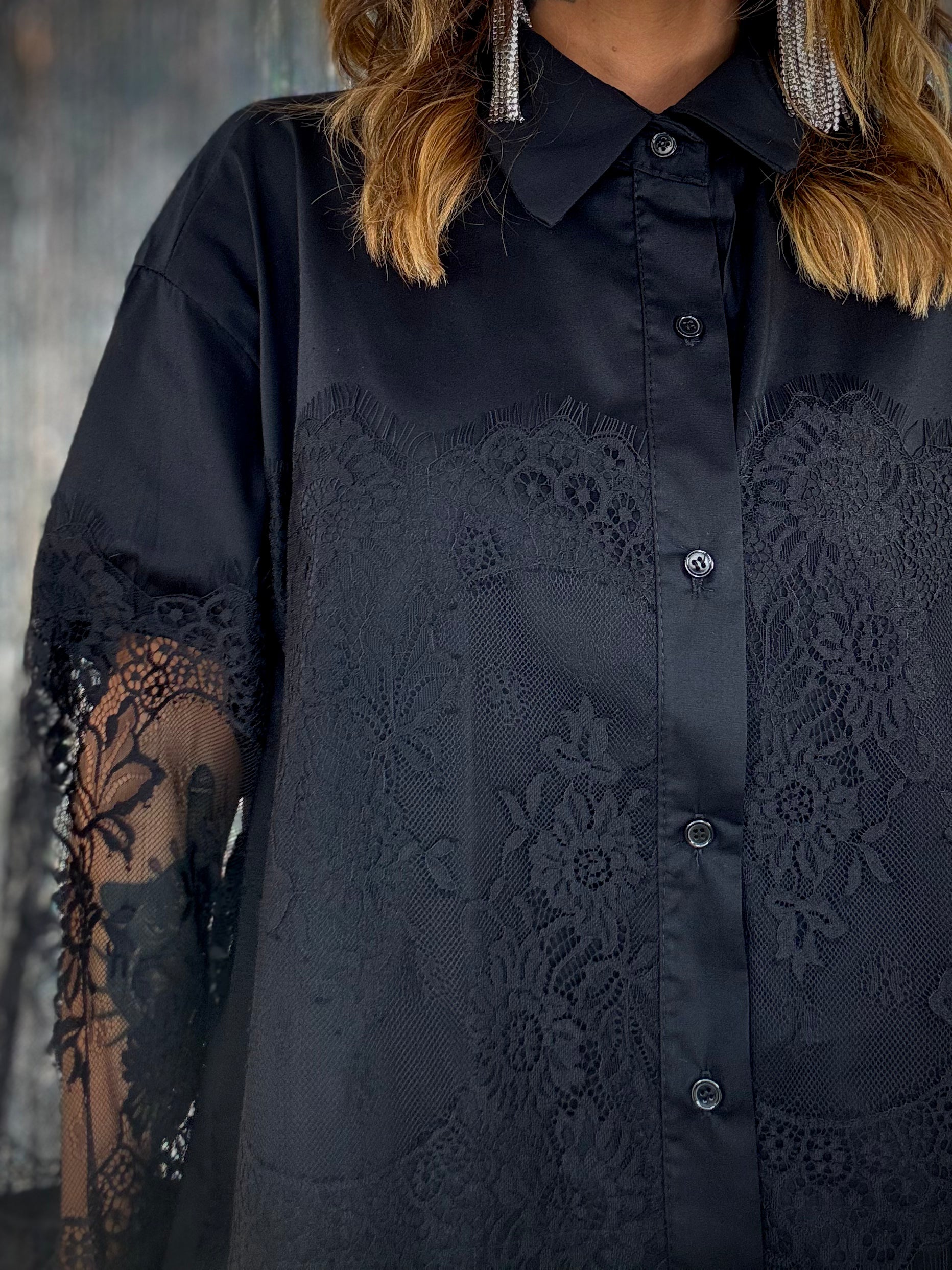 Maxi Camicia Inserti in Pizzo - Nero
