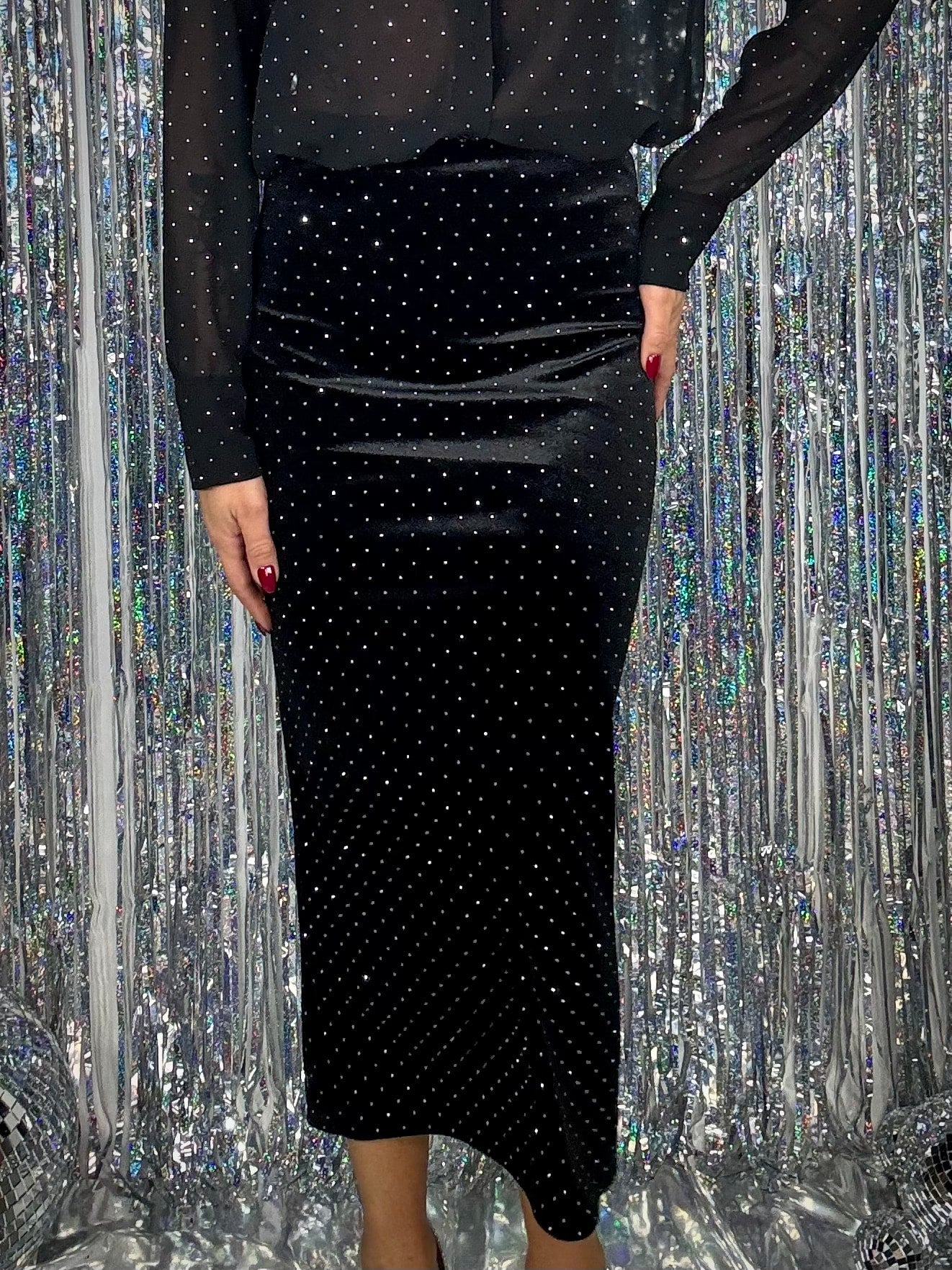 Gonna Midi Velluto Strass- Nero