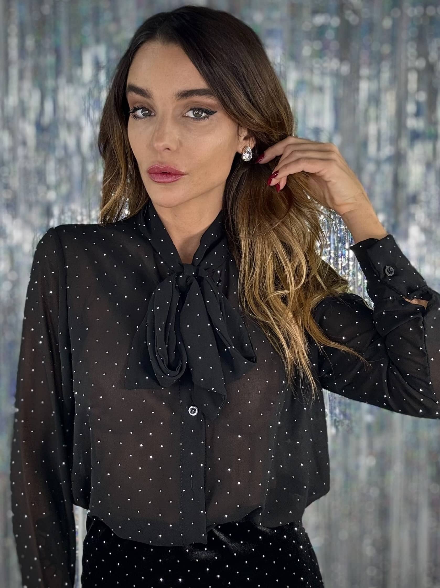 Camicia Strass con Fiocco - Nero