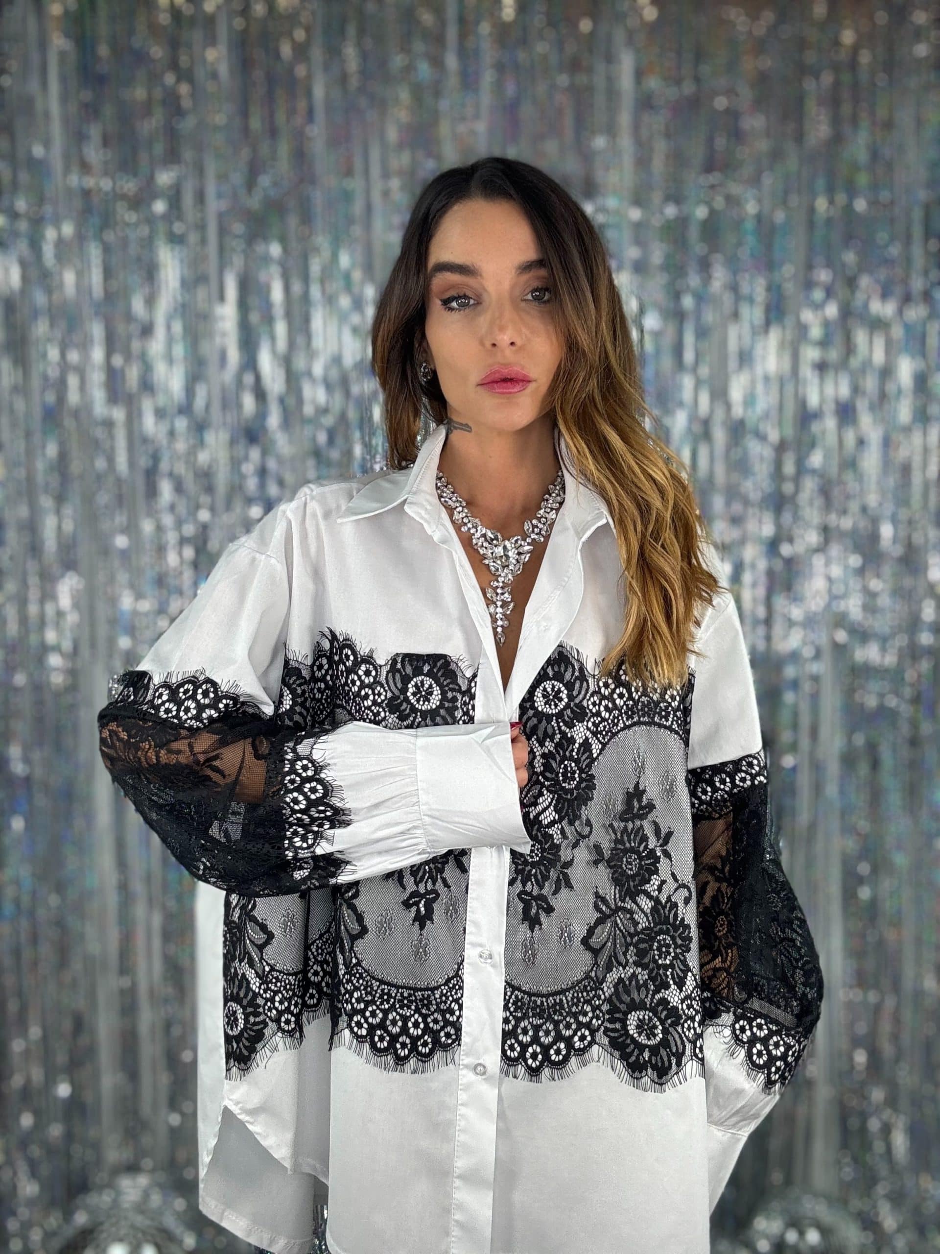 Maxi Camicia Inserti in Pizzo - Bianco