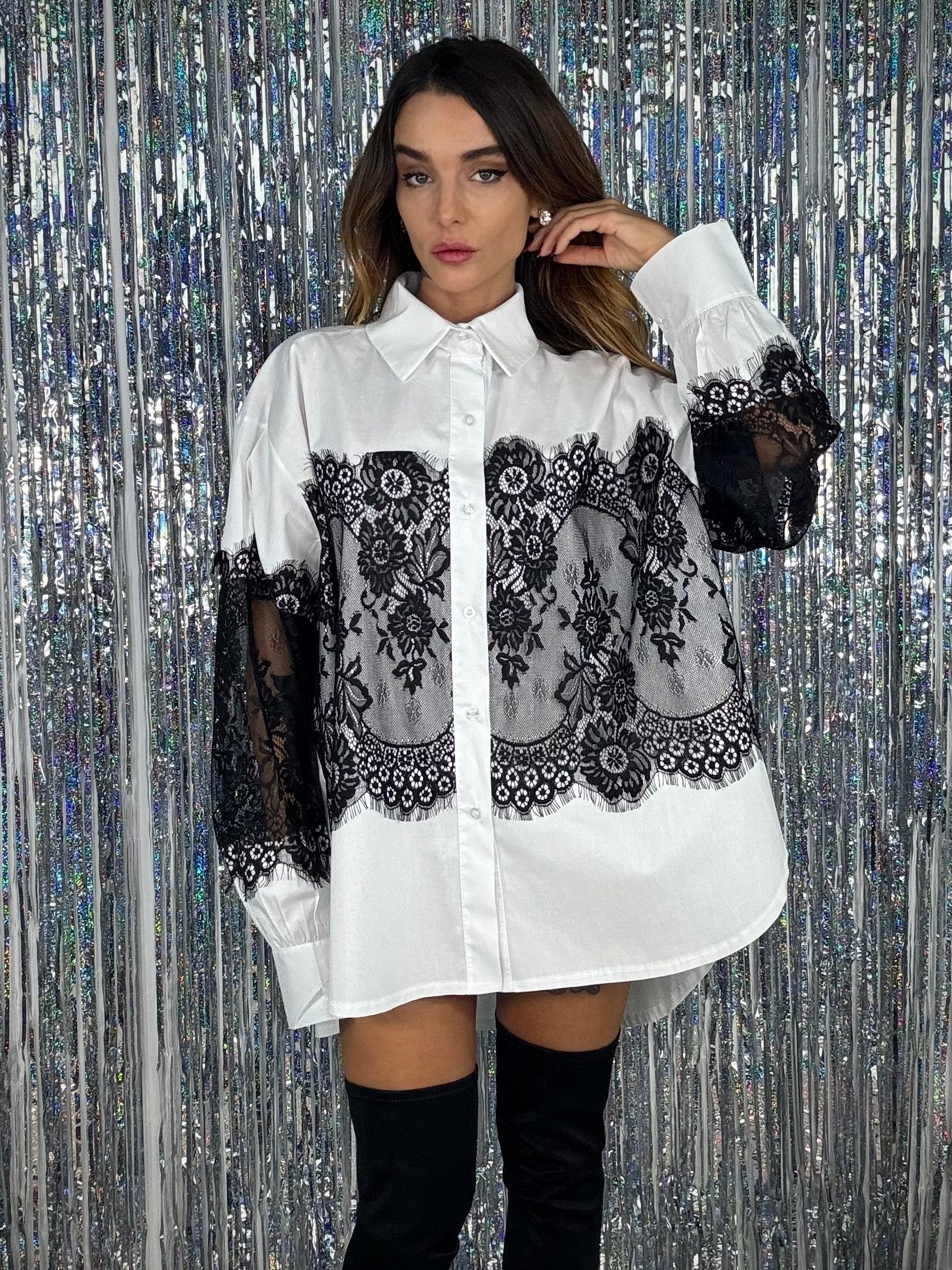 Maxi Camicia Inserti in Pizzo - Bianco