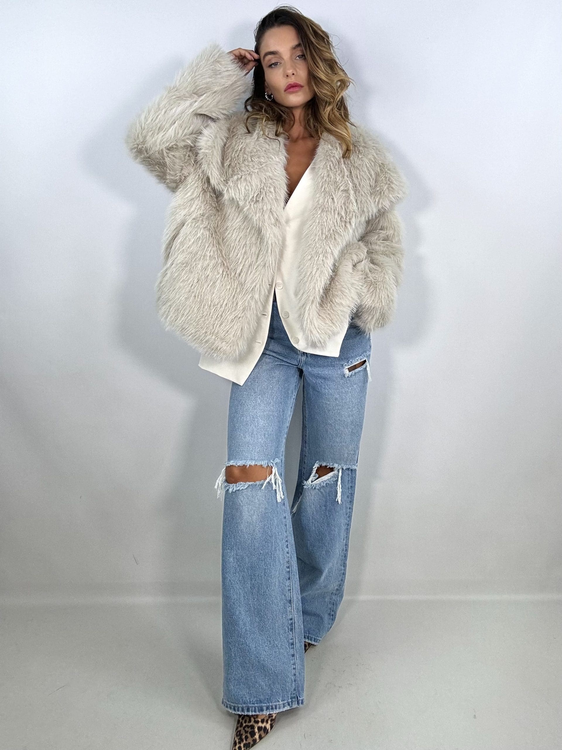 Pelliccia Crop con Maxi Revers - Bianco