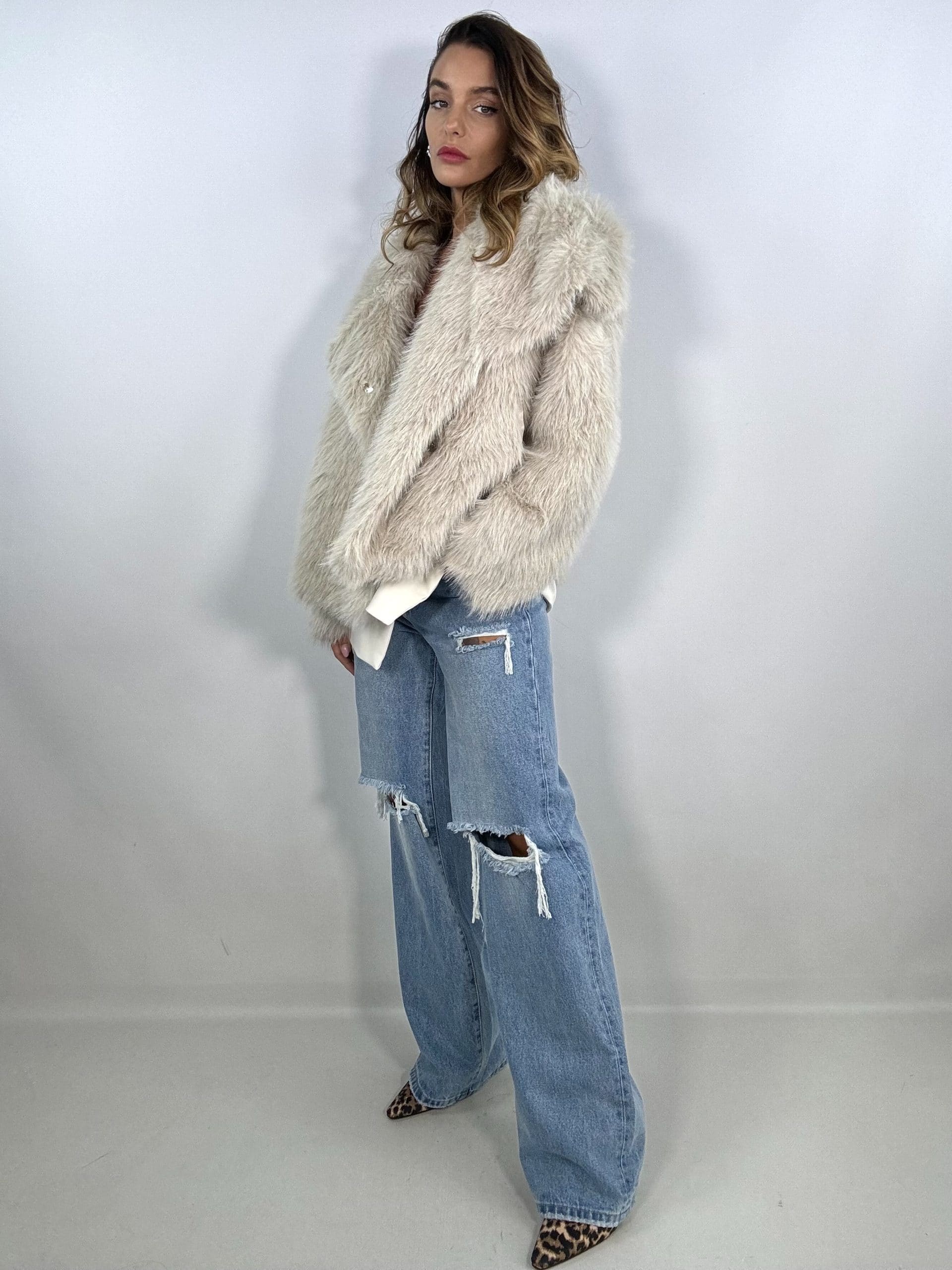 Pelliccia Crop con Maxi Revers - Bianco