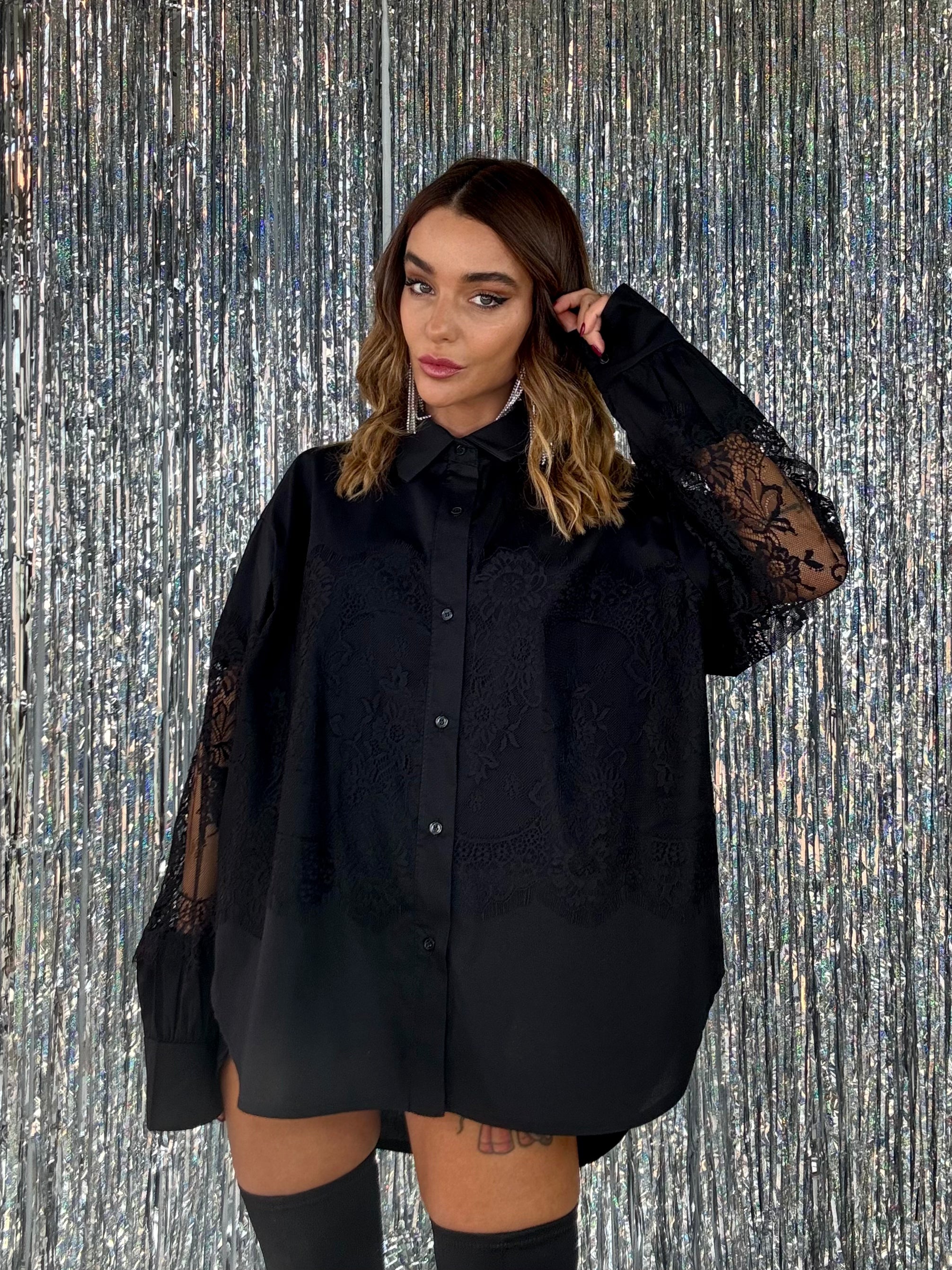 Maxi Camicia Inserti in Pizzo - Nero