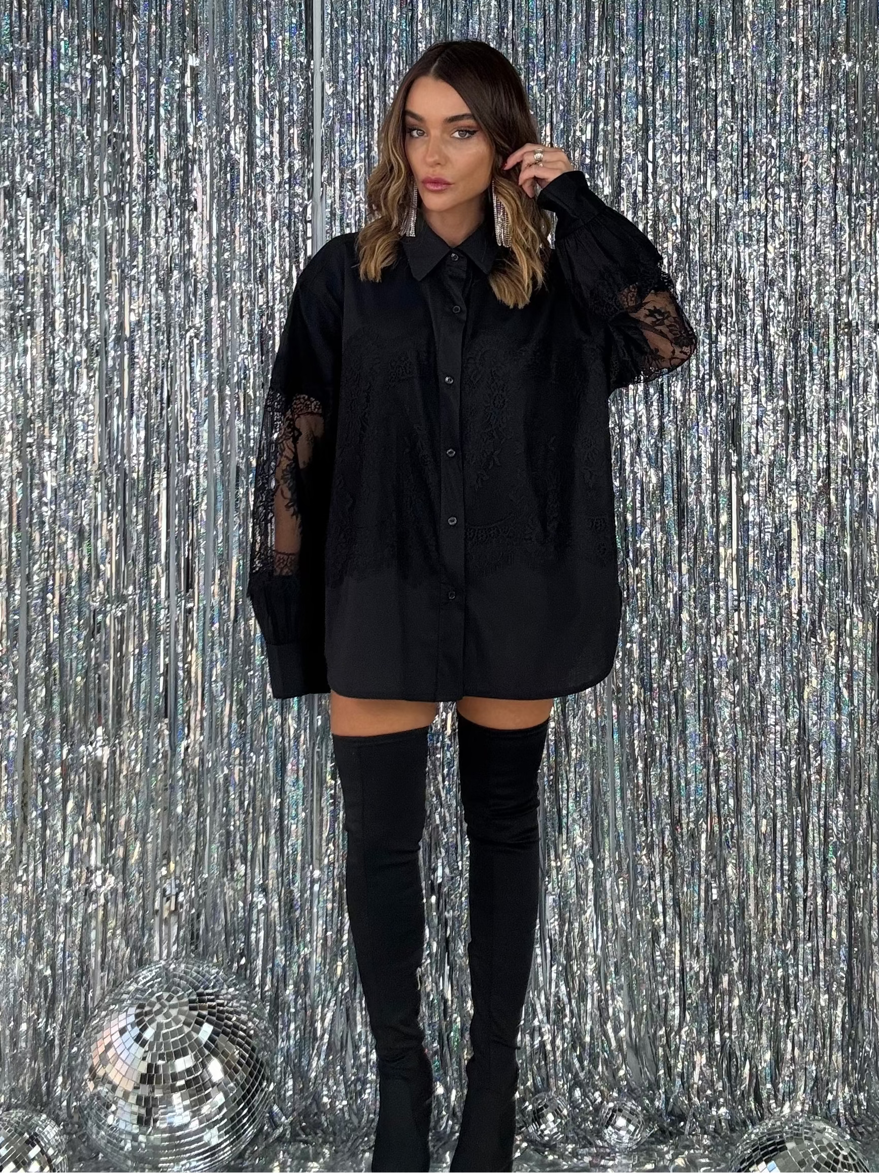 Maxi Camicia Inserti in Pizzo - Nero