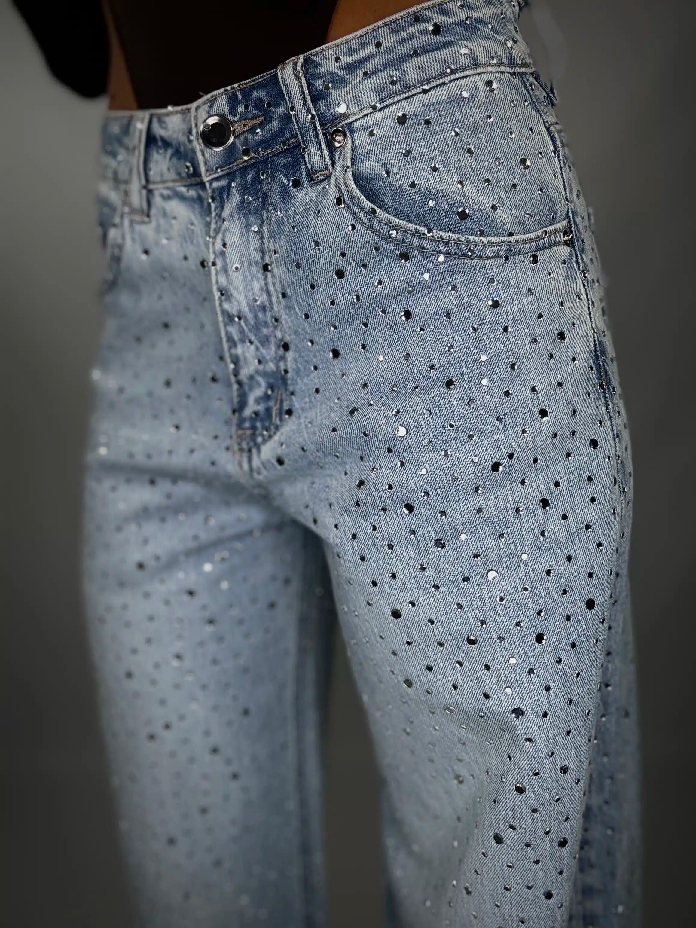 New Jeans Wide Super Strass - Denim Chiaro.