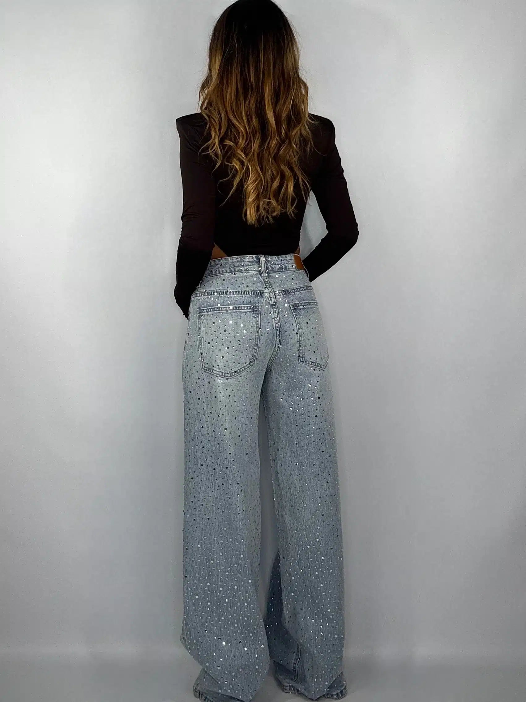 New Jeans Wide Super Strass - Denim Chiaro.