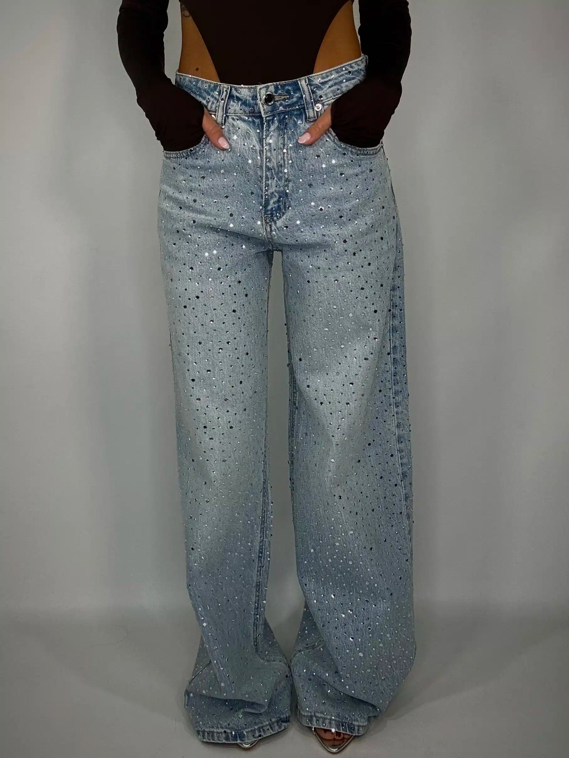 New Jeans Wide Super Strass - Denim Chiaro.