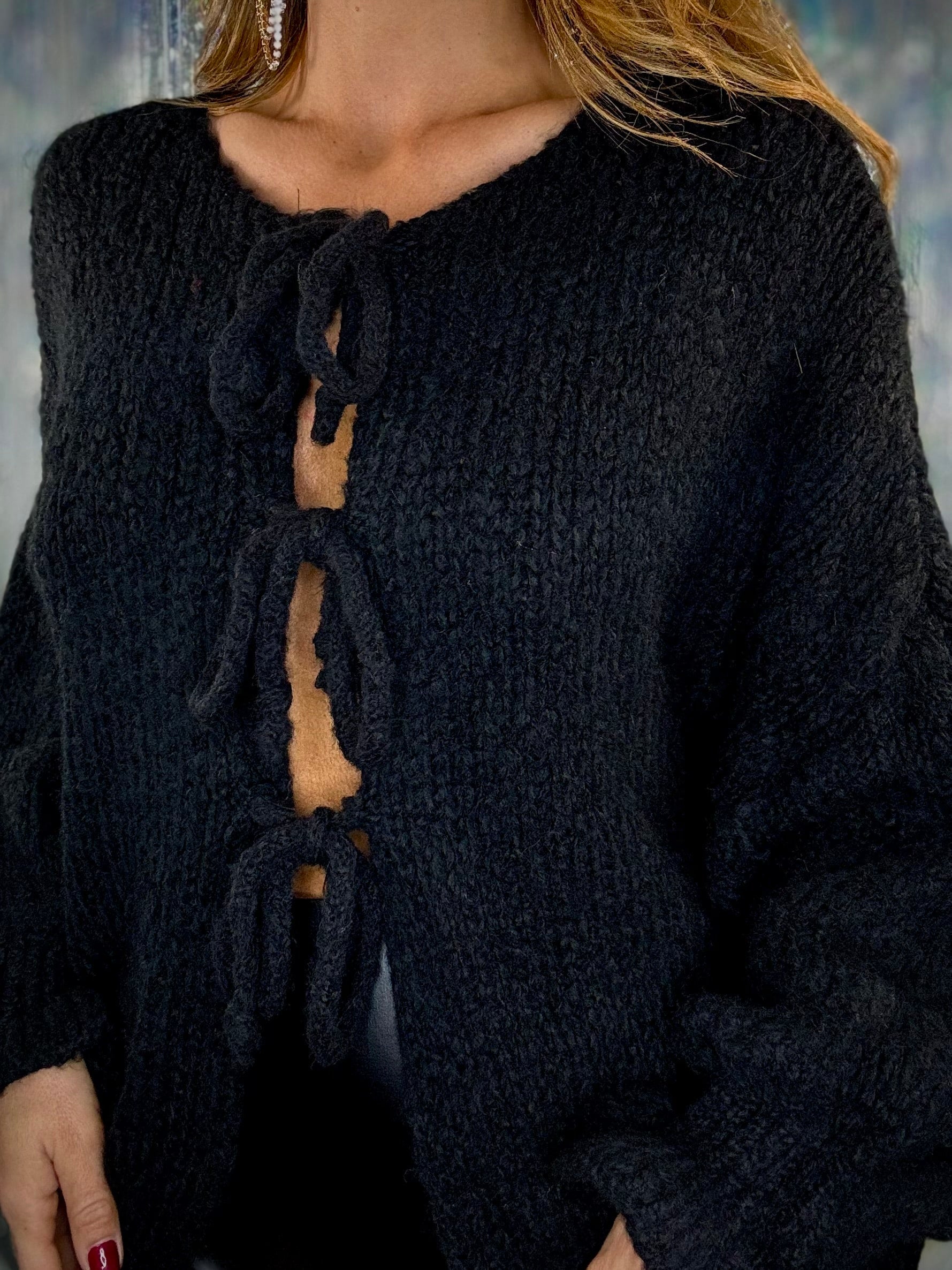 Cardigan Chunky con Lacci - Nero