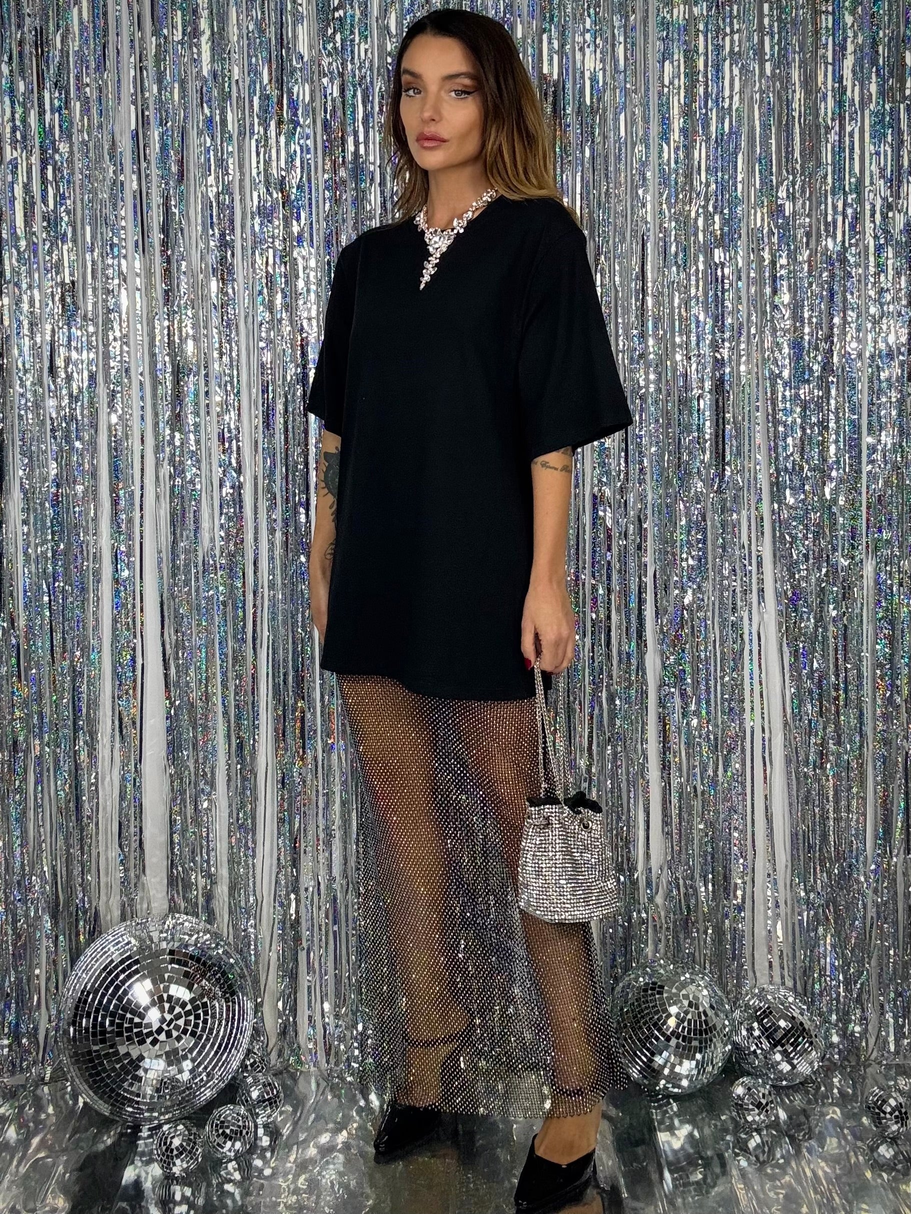 Maxi Gonna Rete Strass - Nero