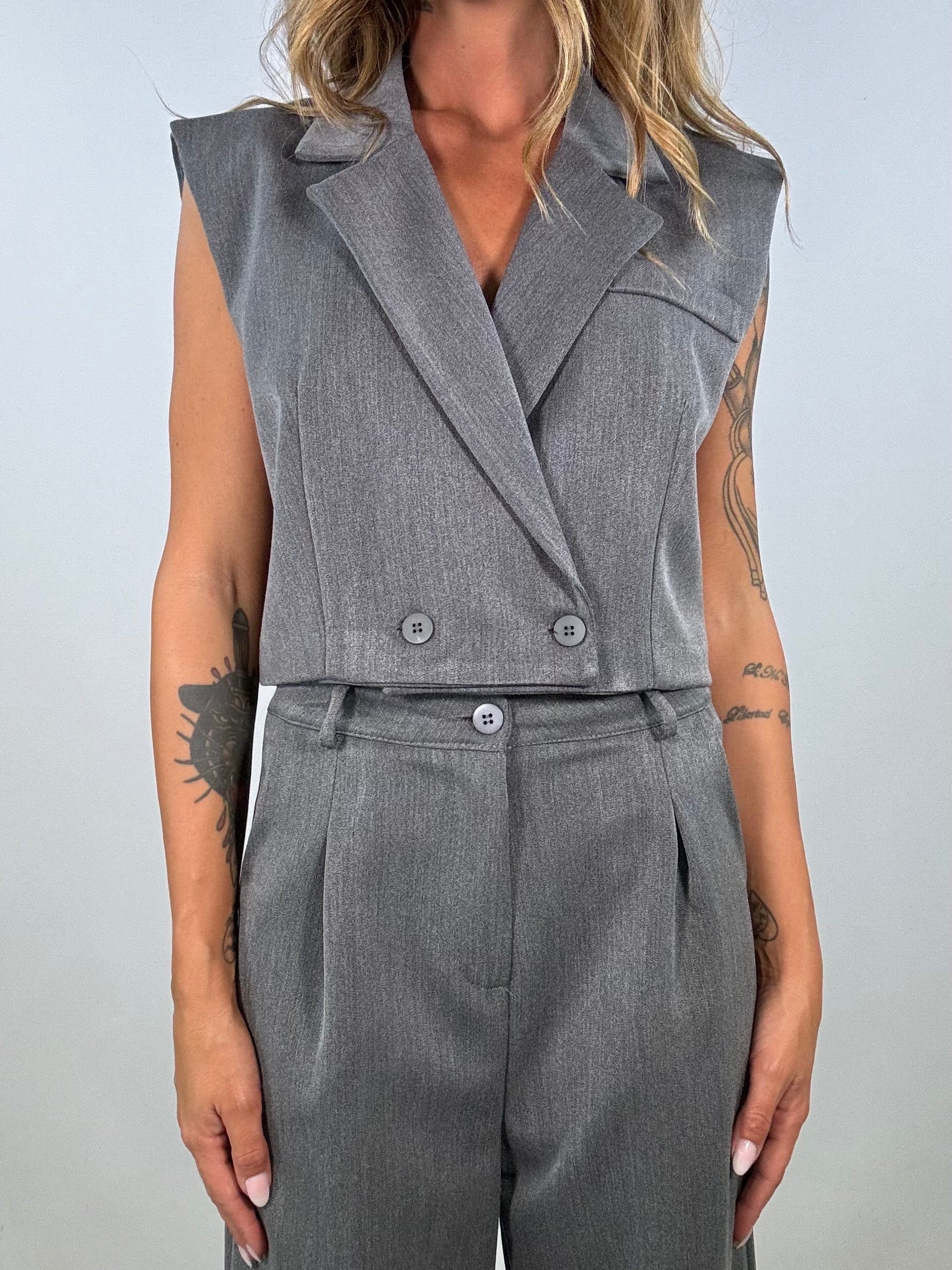 Completo Gilet Crop e Pantaloni Wide - Grigio