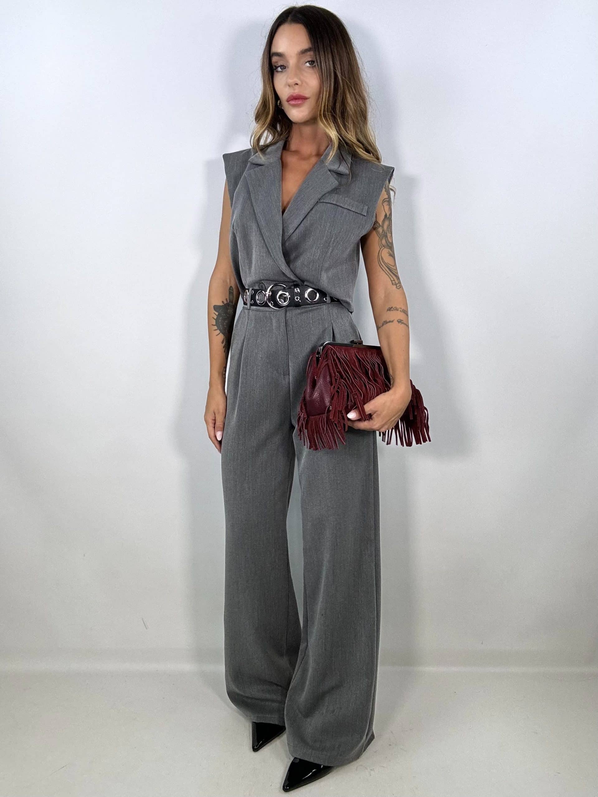 Completo Gilet Crop e Pantaloni Wide - Grigio