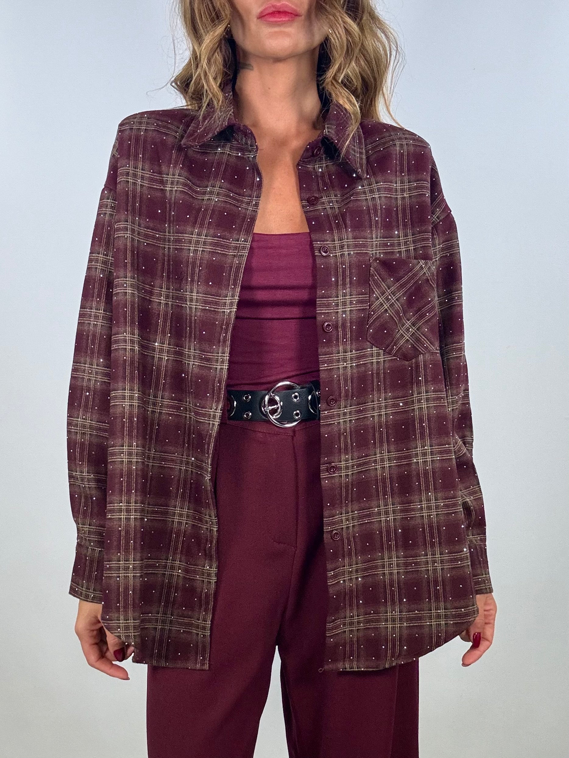 Camicia Quadri con Strass - Fango/ Bordeaux