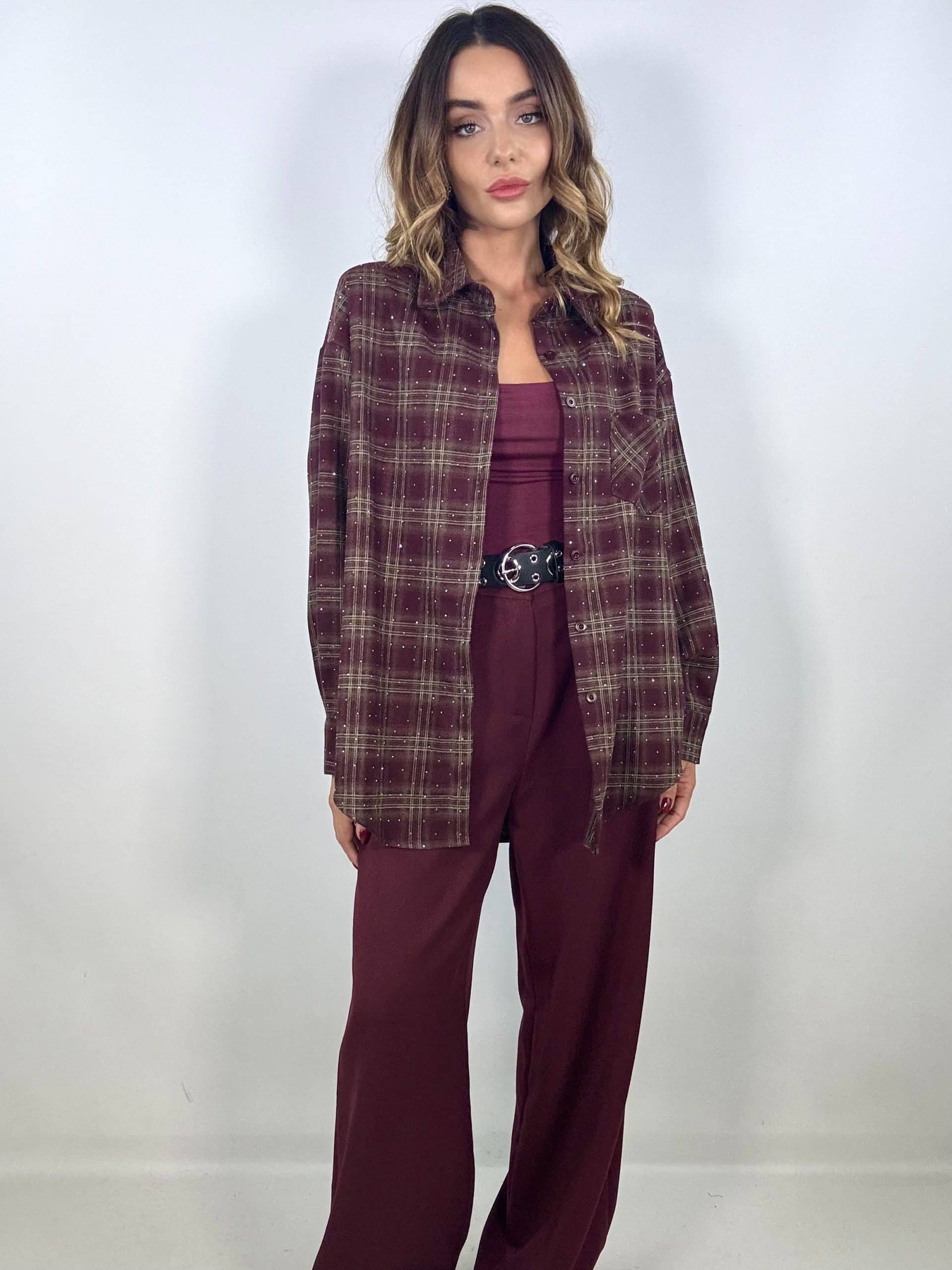 Camicia Quadri con Strass - Fango/ Bordeaux