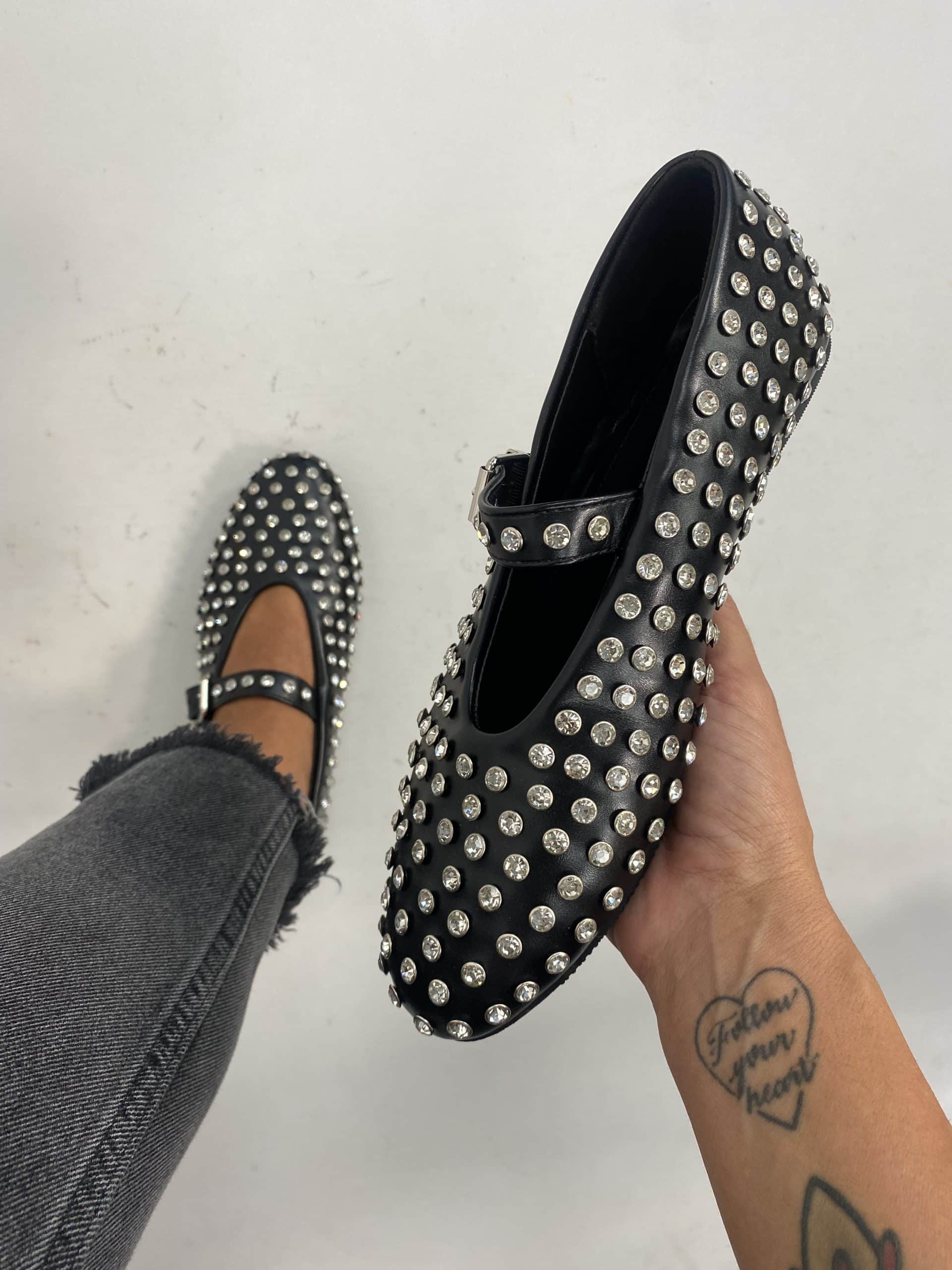 Ballerina Mary Jane Con Strass - Nero