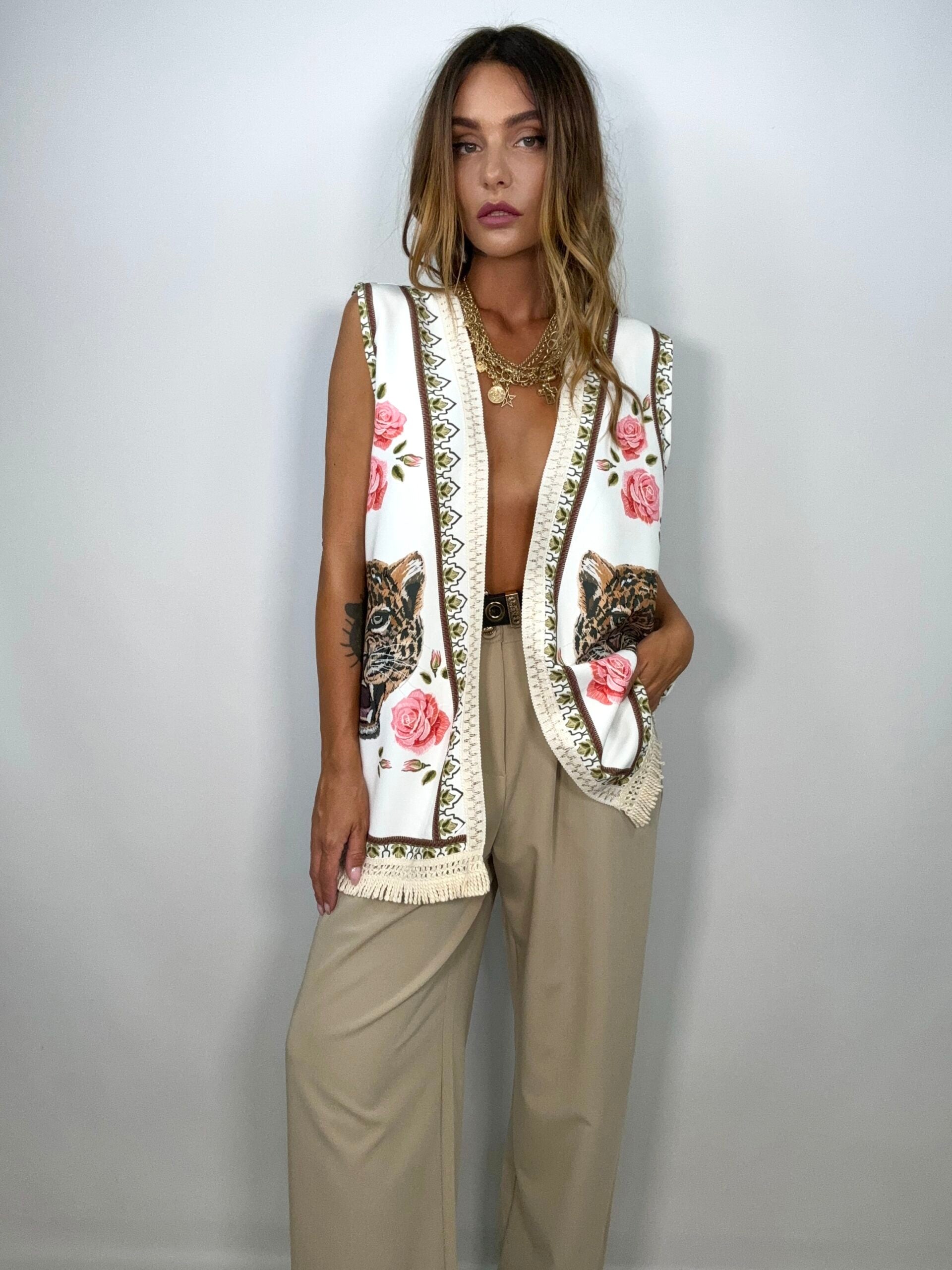 Gilet Over Stampa Leopardo con Frange
