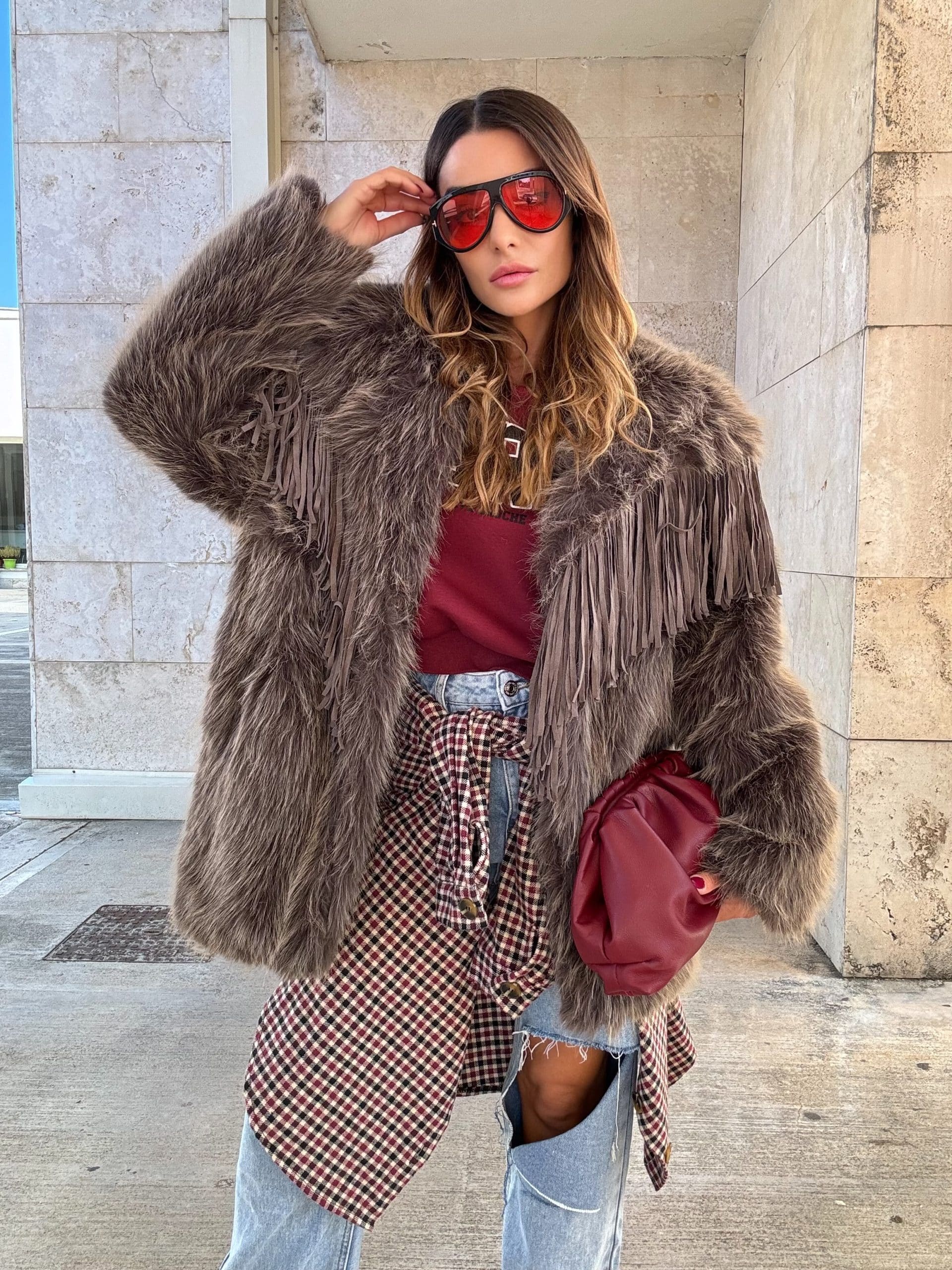 Pelliccia Luxury con Frange - Fango