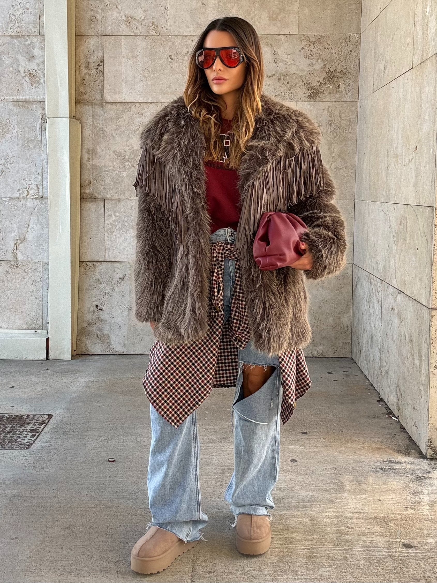 Pelliccia Luxury con Frange - Fango