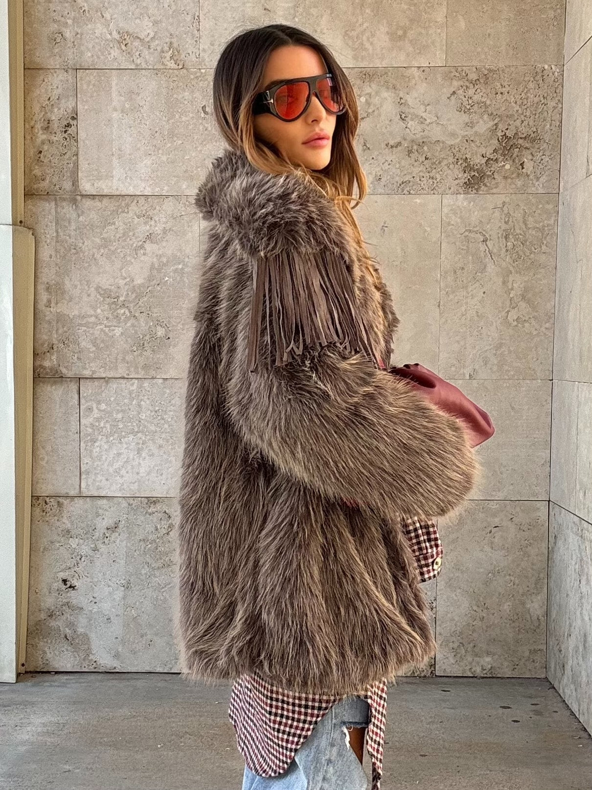 Pelliccia Luxury con Frange - Fango