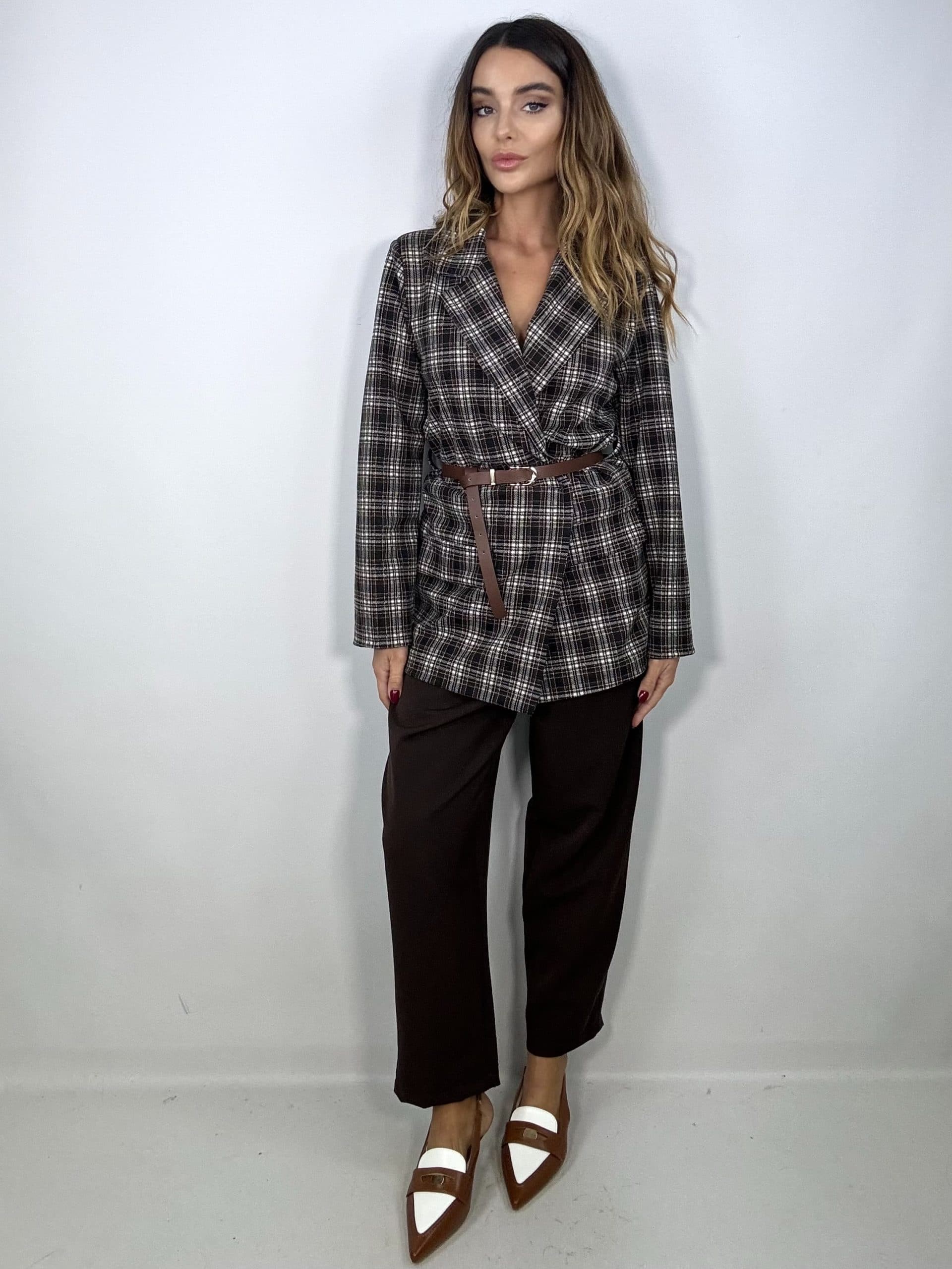 Blazer Over Quadri con Cintura - Marrone / Bianco