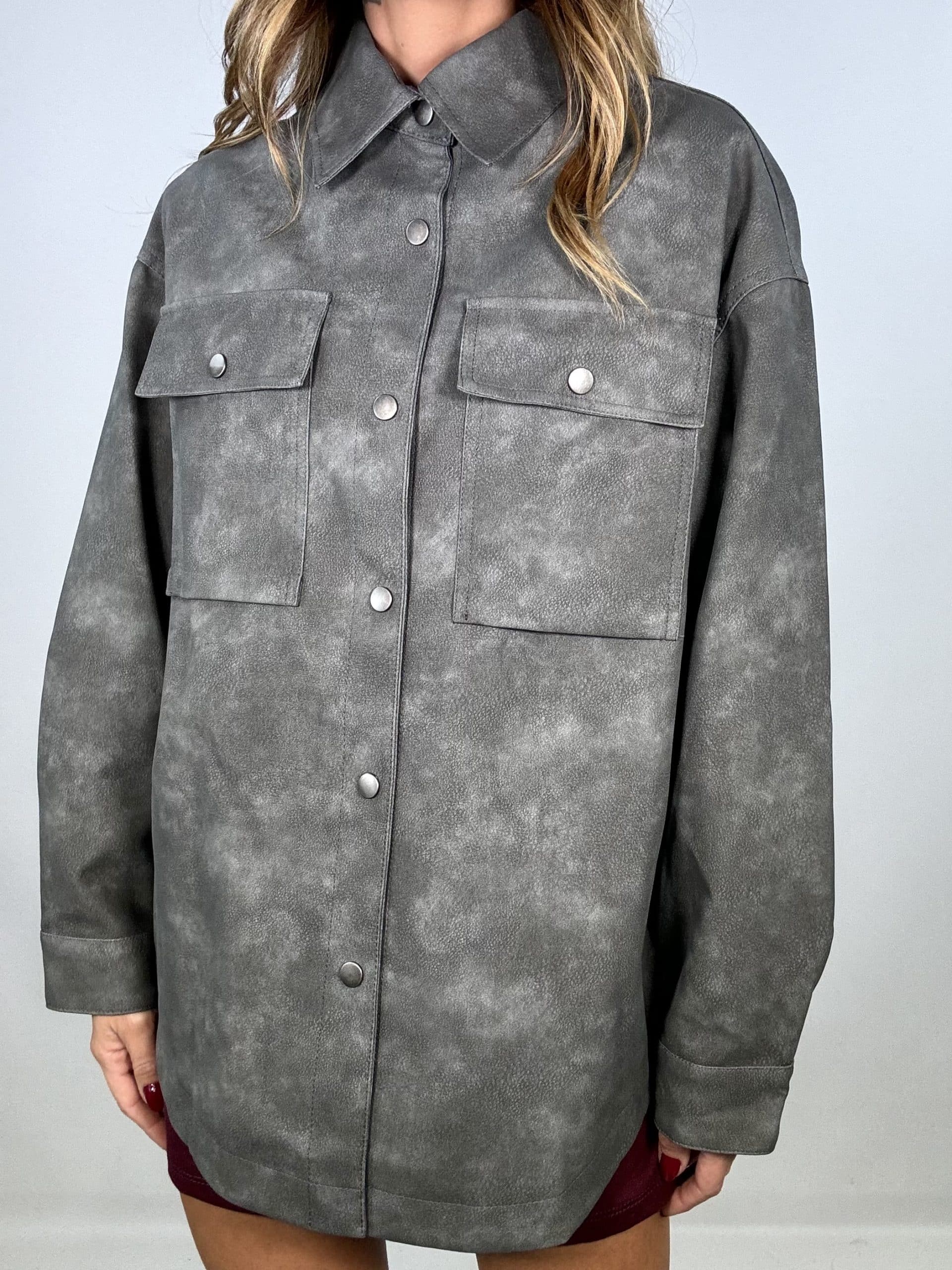 Maxi Camicia Simil Pelle  - Grigio