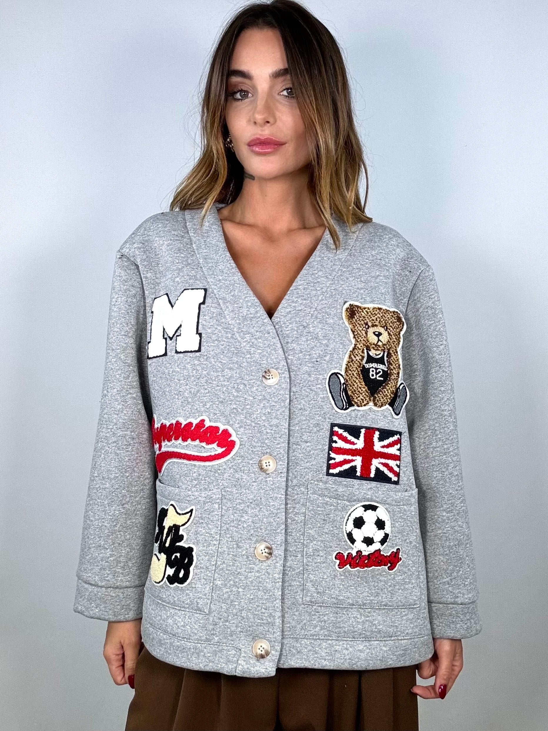 Cardigan Felpa Patch e Orsetto - Grigio