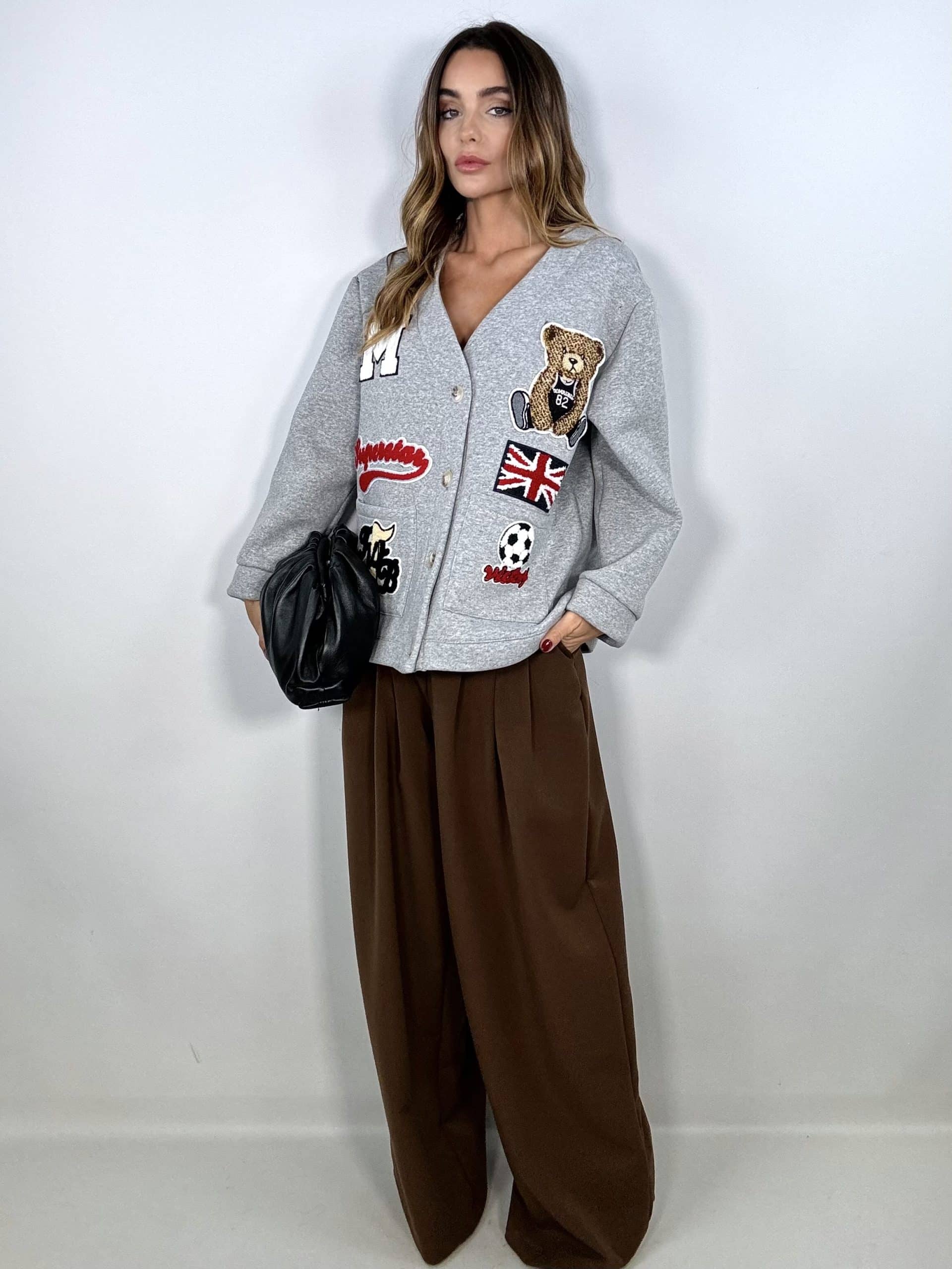 Cardigan Felpa Patch e Orsetto - Grigio