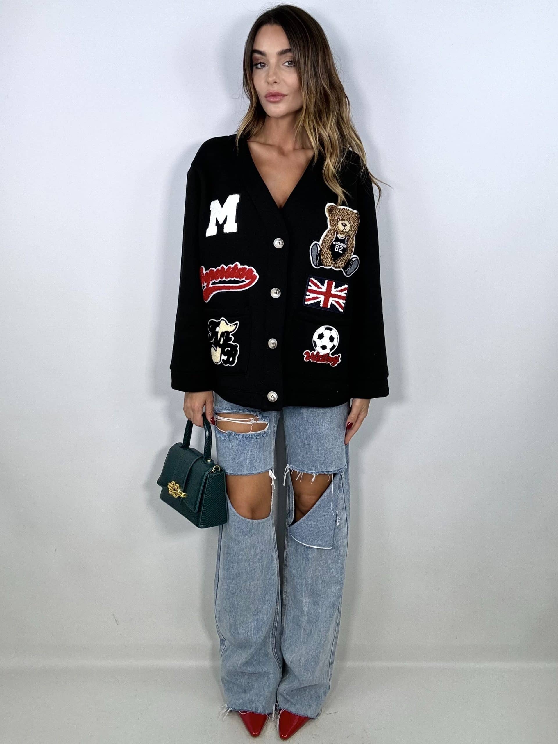 Cardigan Felpa Patch e Orsetto - Nero