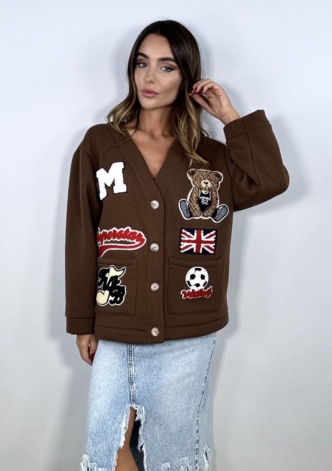 Cardigan Felpa Patch e Orsetto - Marrone