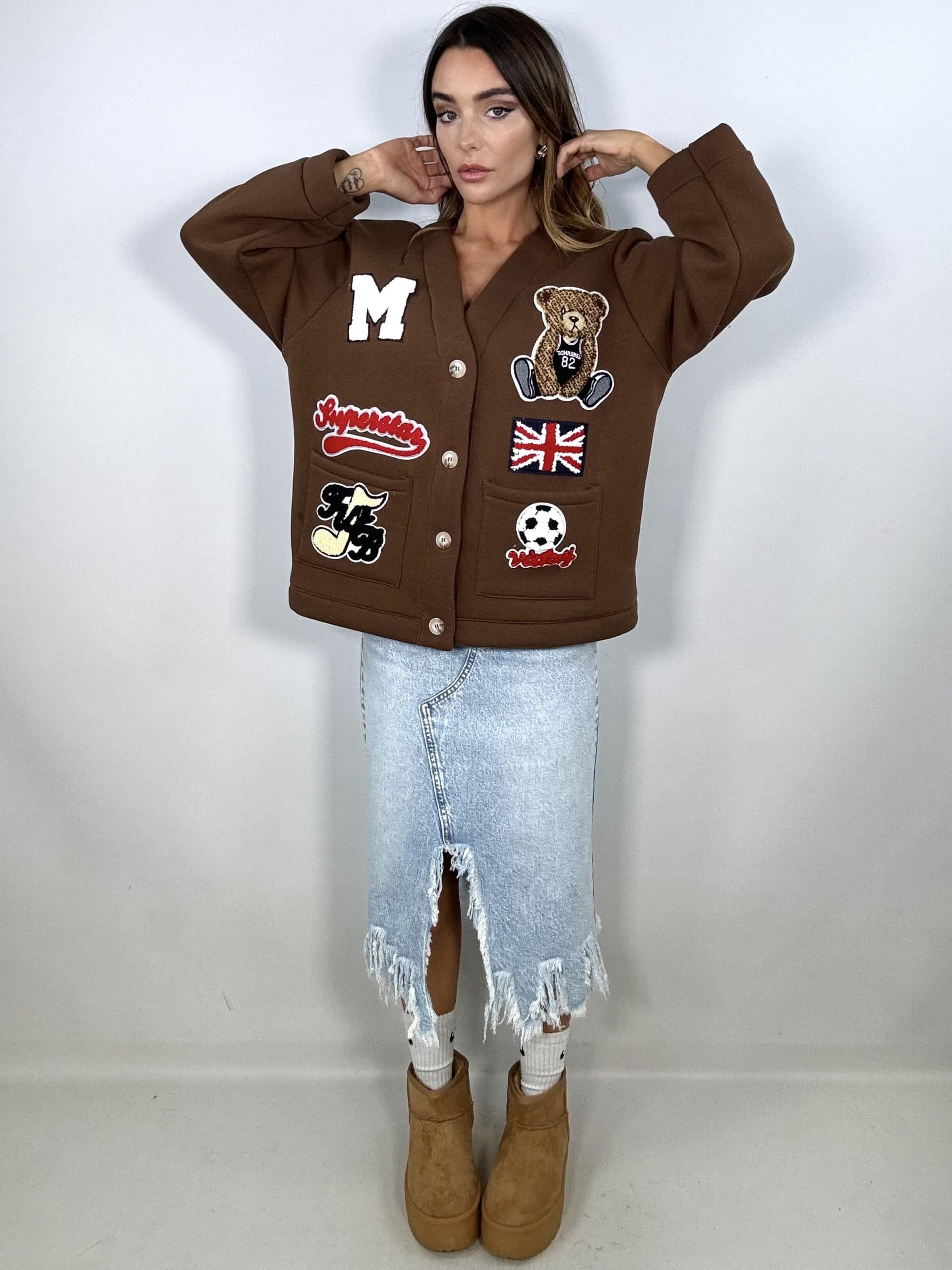 Cardigan Felpa Patch e Orsetto - Marrone