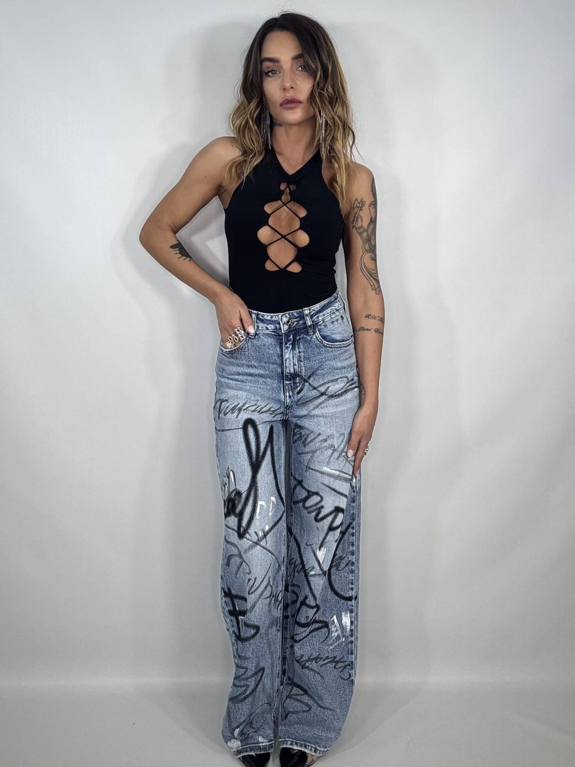 Jeans Wide Graffiti - Denim