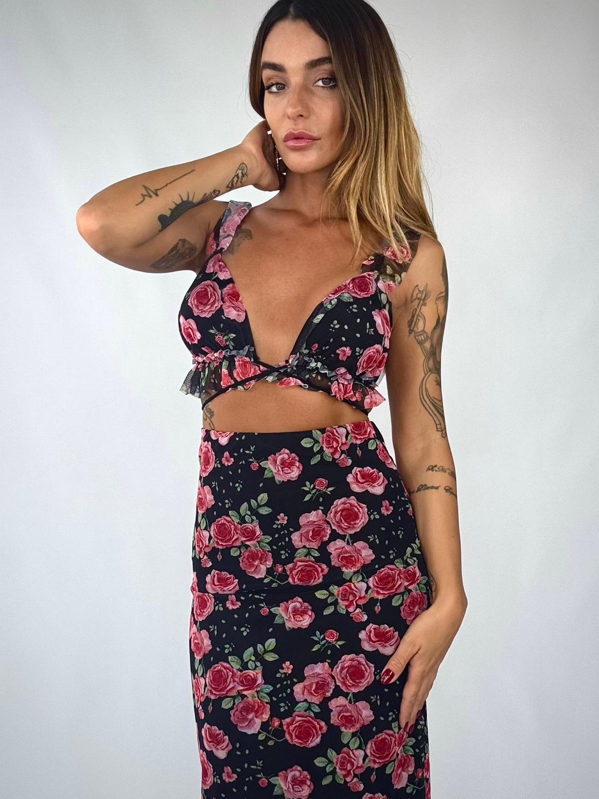 Completo Flowers Top e Gonna Midi - Nero /Fucsia