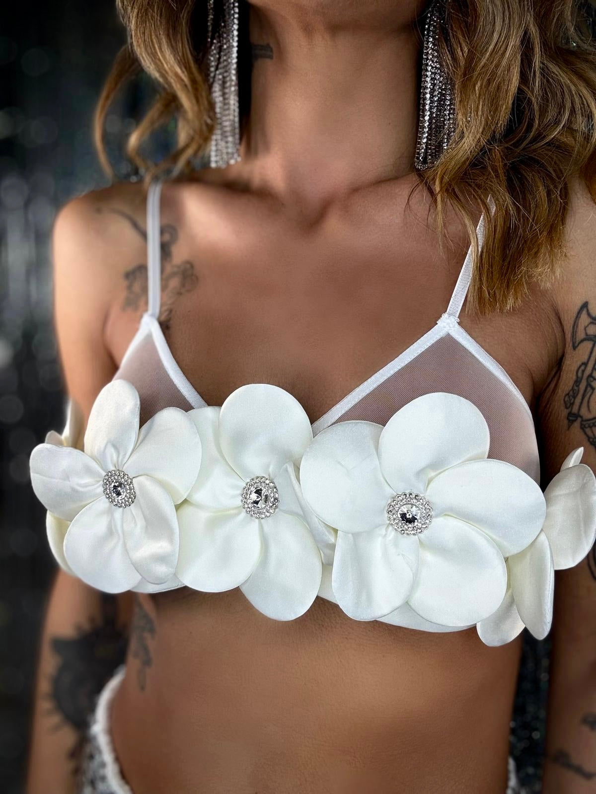 Bralette Fiori con Pietre - Bianco.