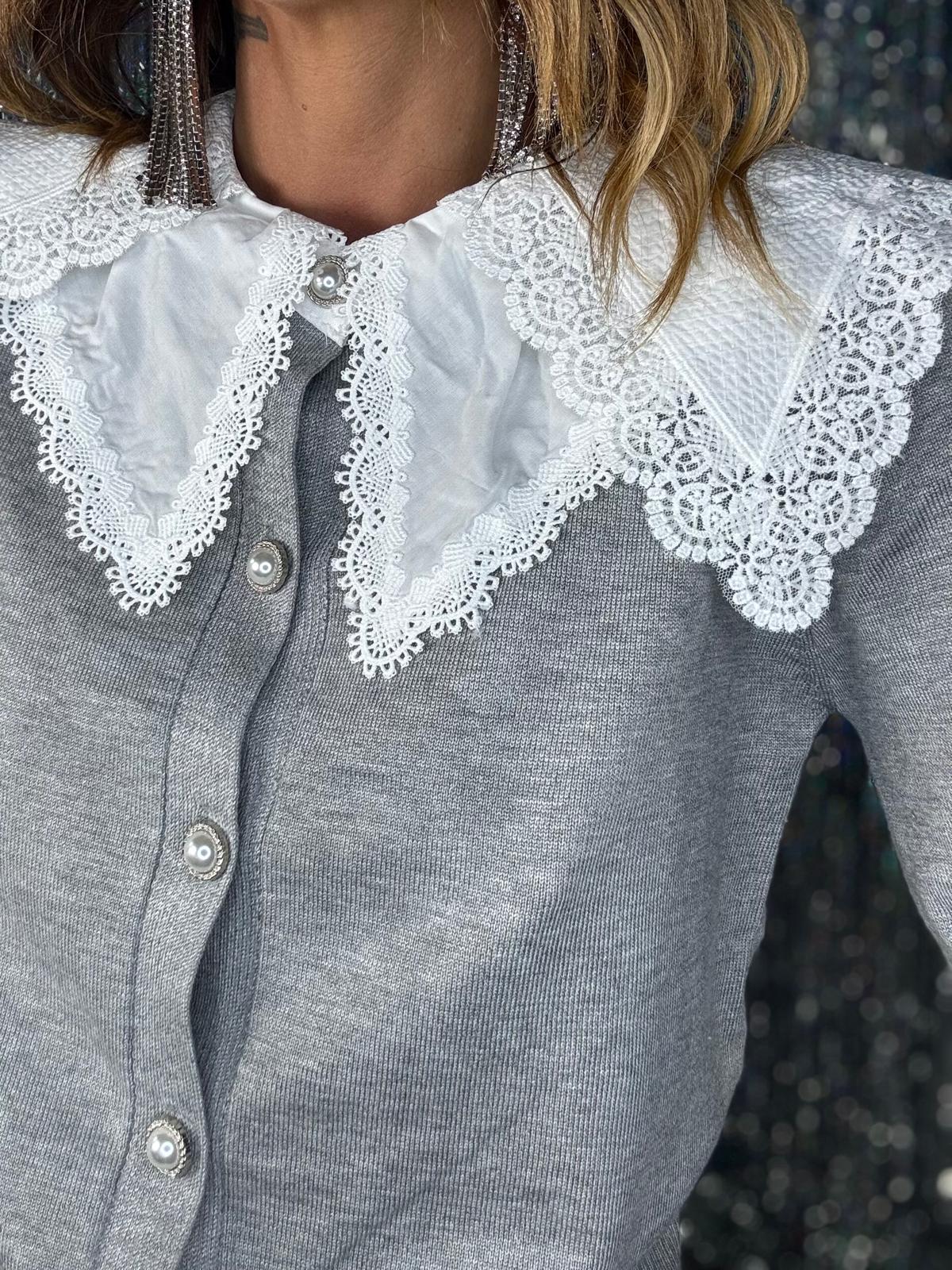 Cardigan Colletto Pizzo Bottoni Gioiello- Grigio.