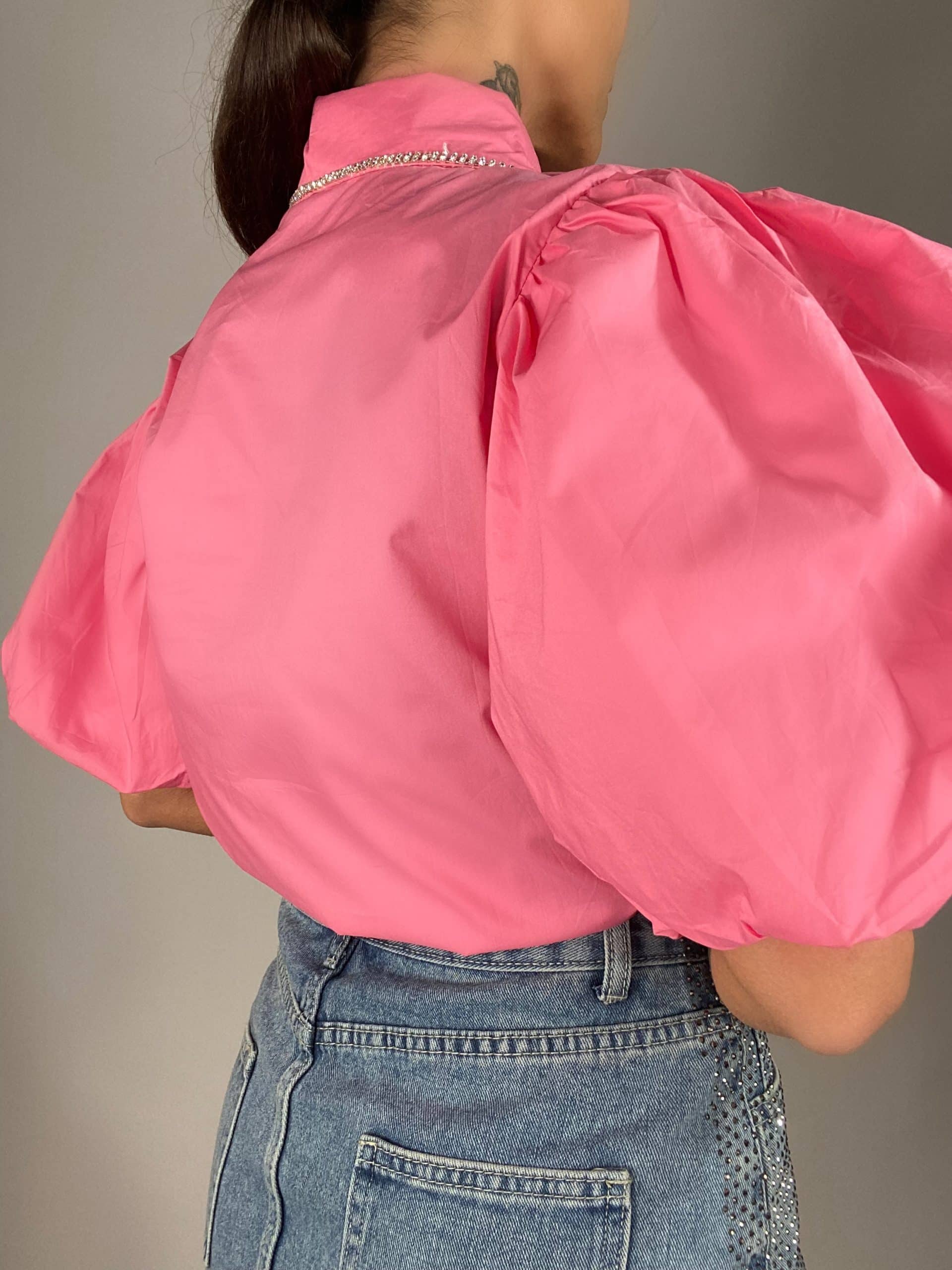 Camicia Maniche Palloncino Maxi Colletto con Strass - Rosa