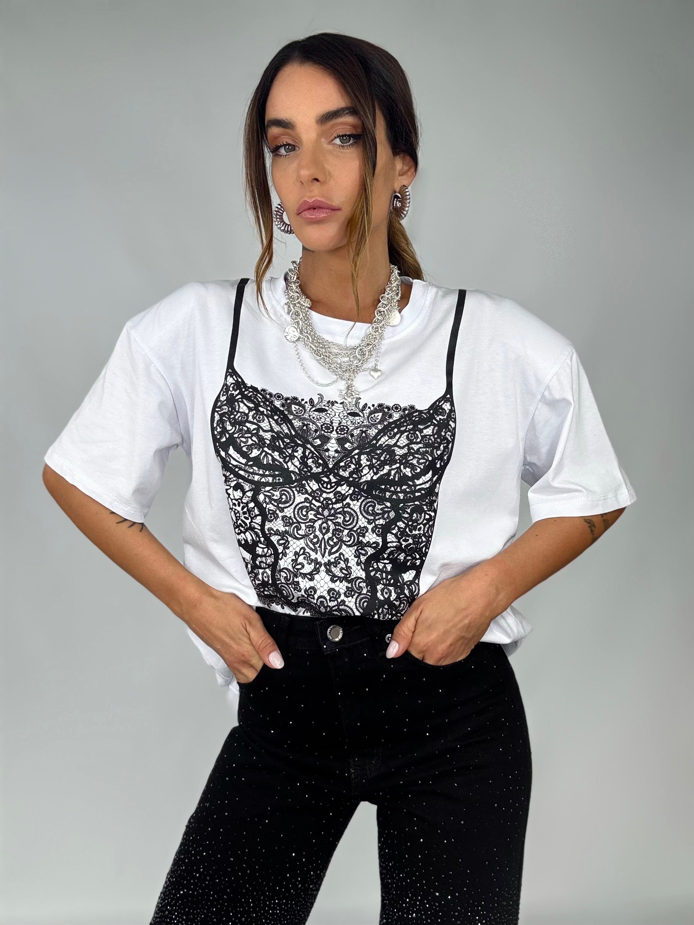 T-shirt Super Over Spalline Stampa Corsetto - Bianco