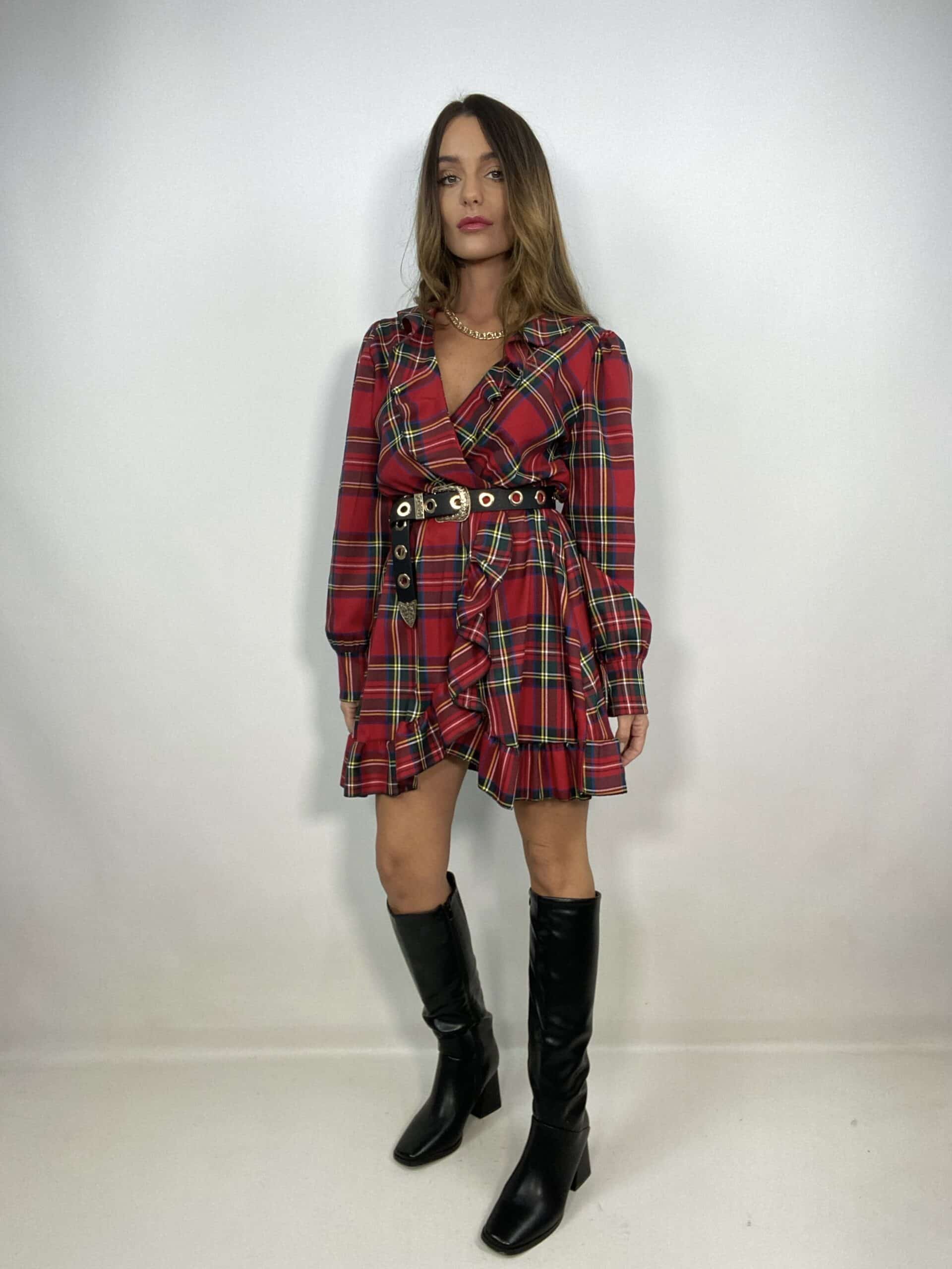 Mini Dress Tartan Con Volant - Rosso